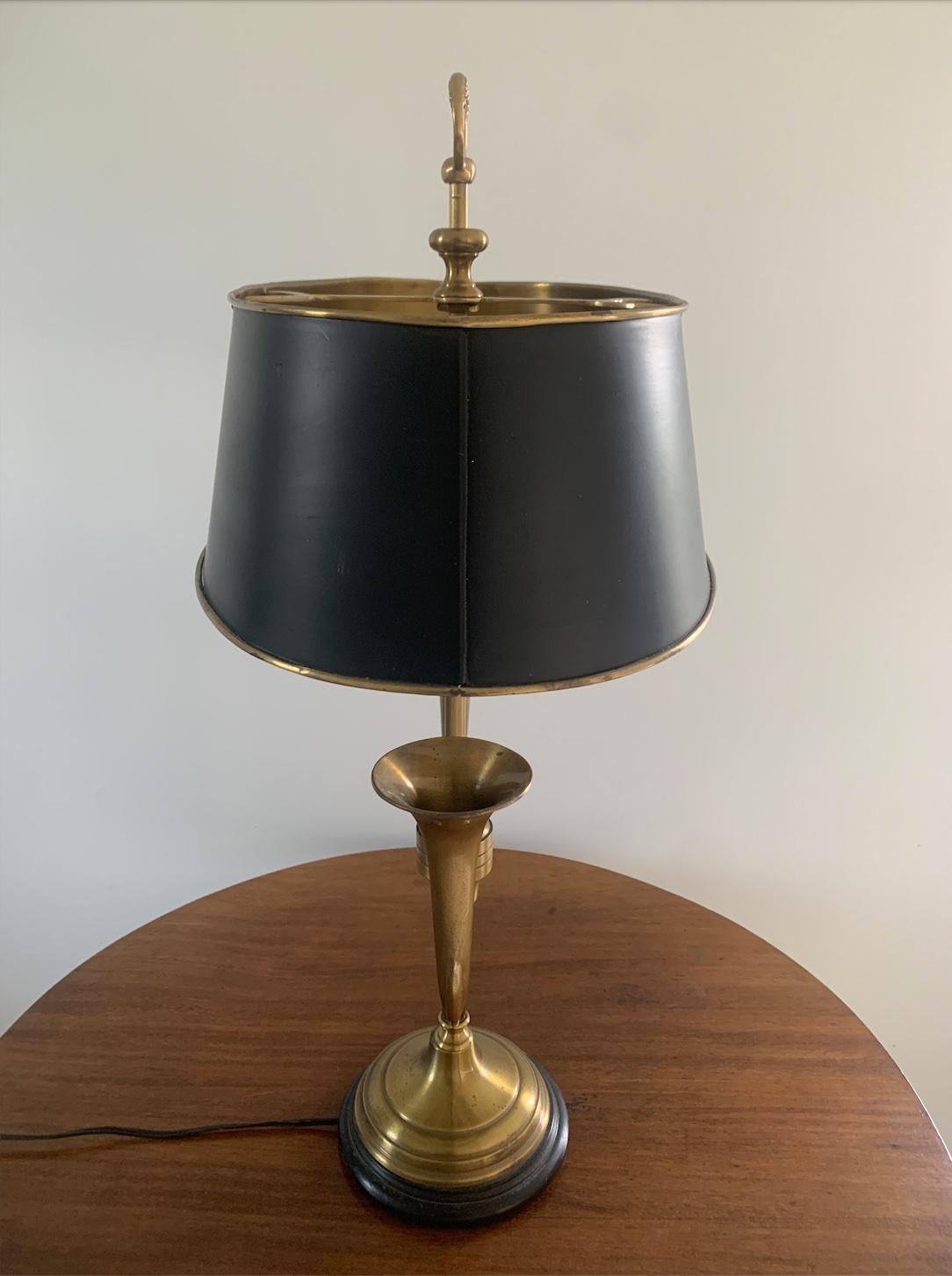 British Colonial Mid-20th Century Brass Horn Bouillotte Lamp with Black Tole Shade For Sale