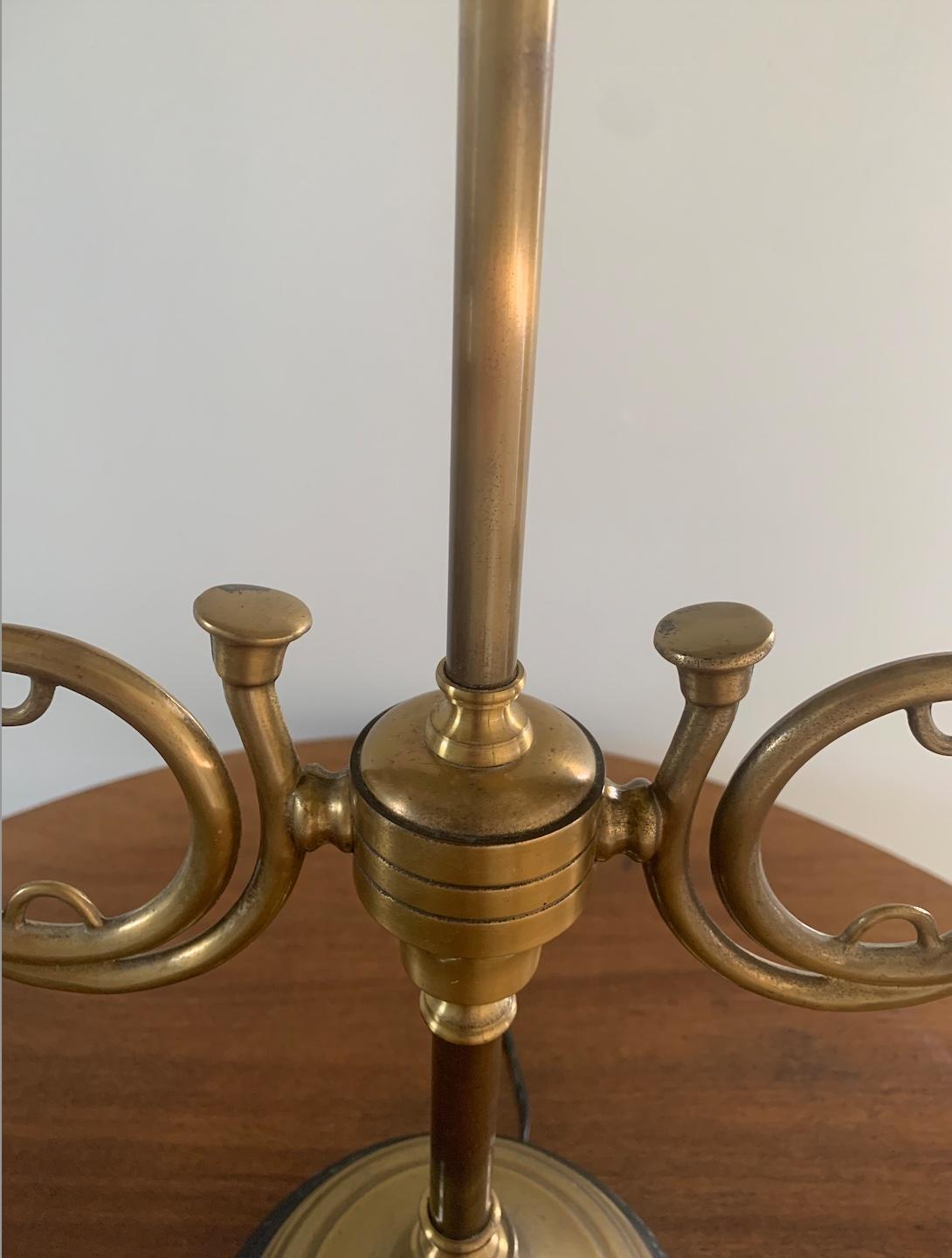 Metal Mid-20th Century Brass Horn Bouillotte Lamp with Black Tole Shade For Sale