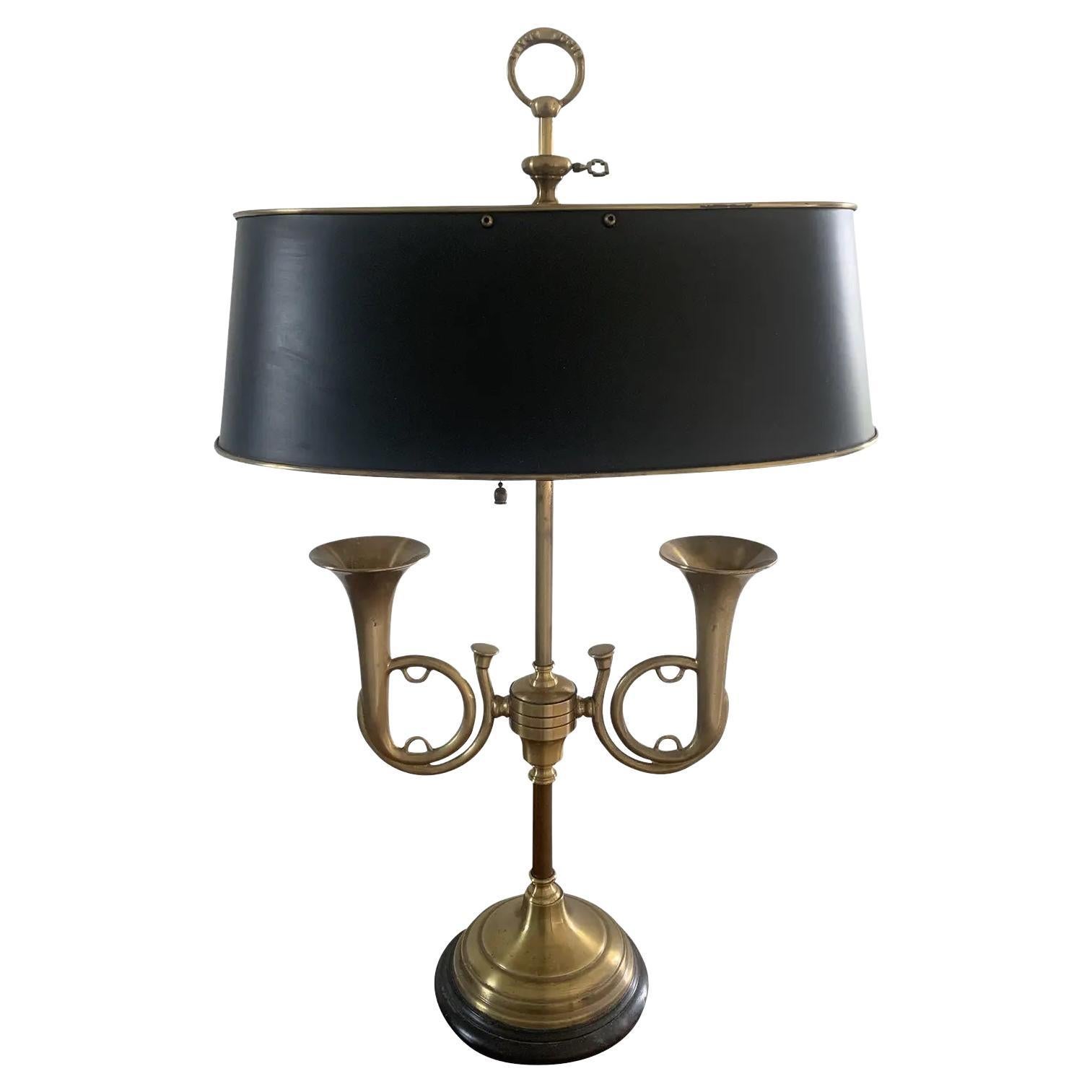 Mid-20th Century Brass Horn Bouillotte Lamp with Black Tole Shade For Sale