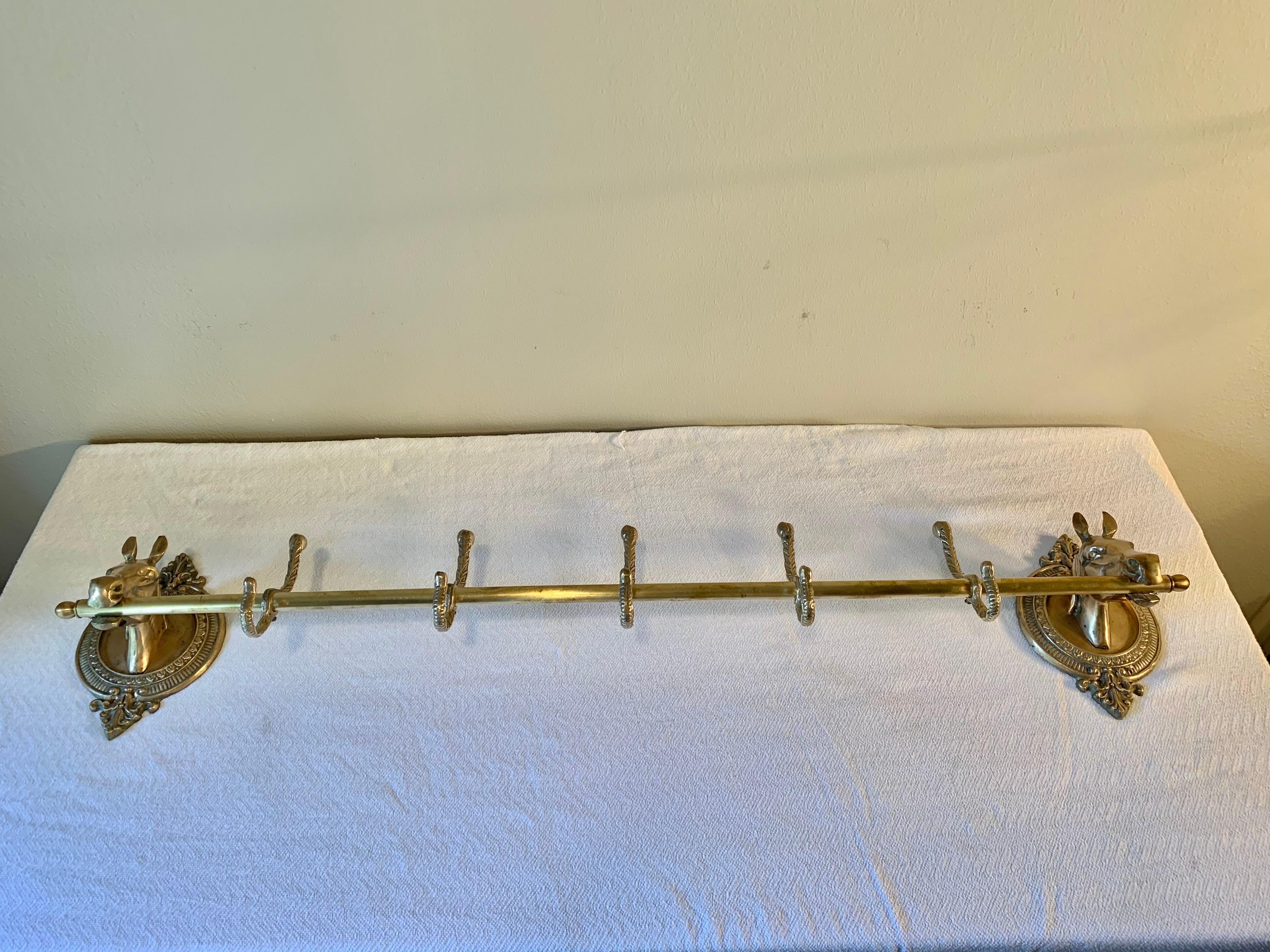 Mid 20th Century Brass Horse Head Equestrian Five Hook Coat Rack 3