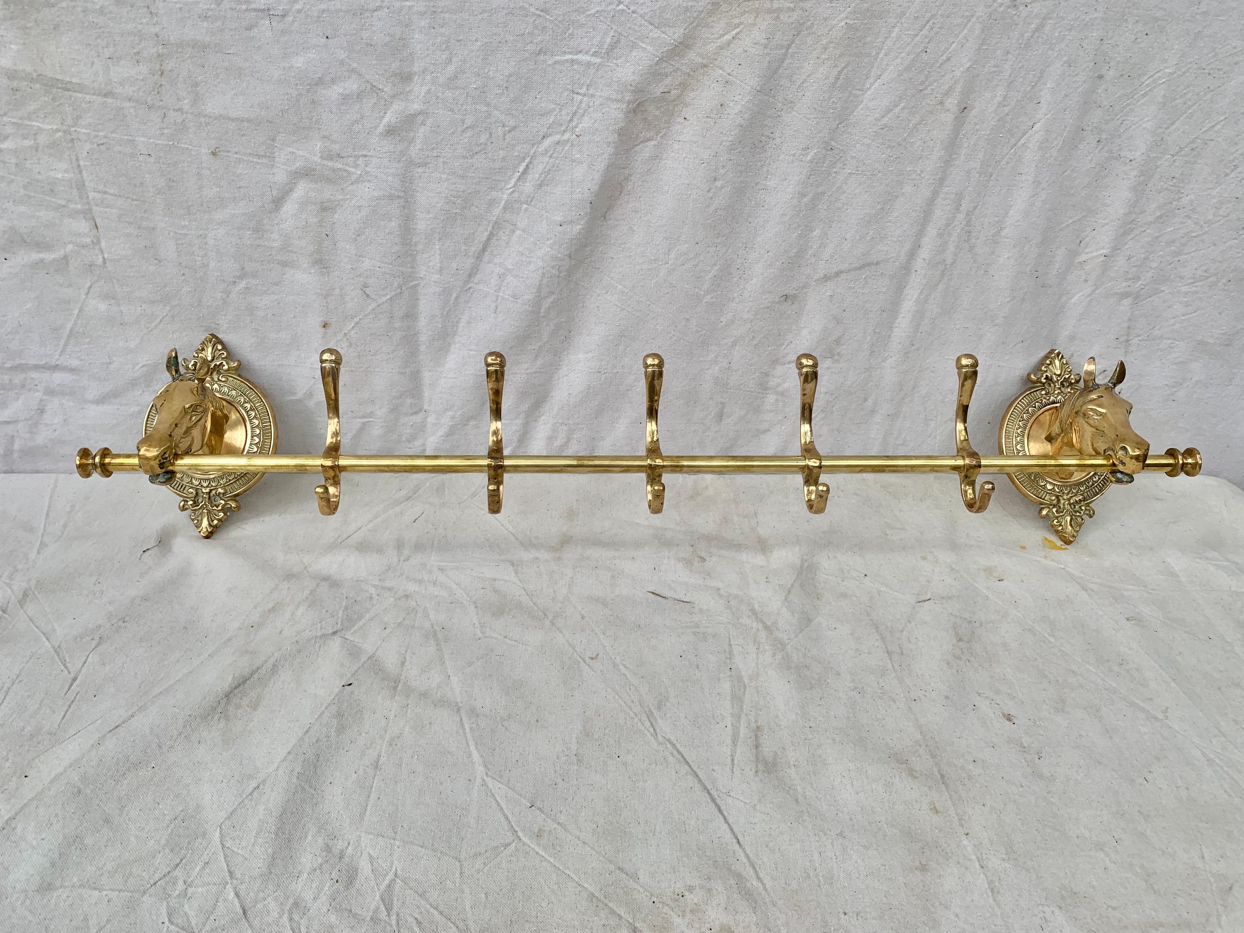 French Mid 20th Century Brass Horse Head Equestrian Five Hook Coat Rack