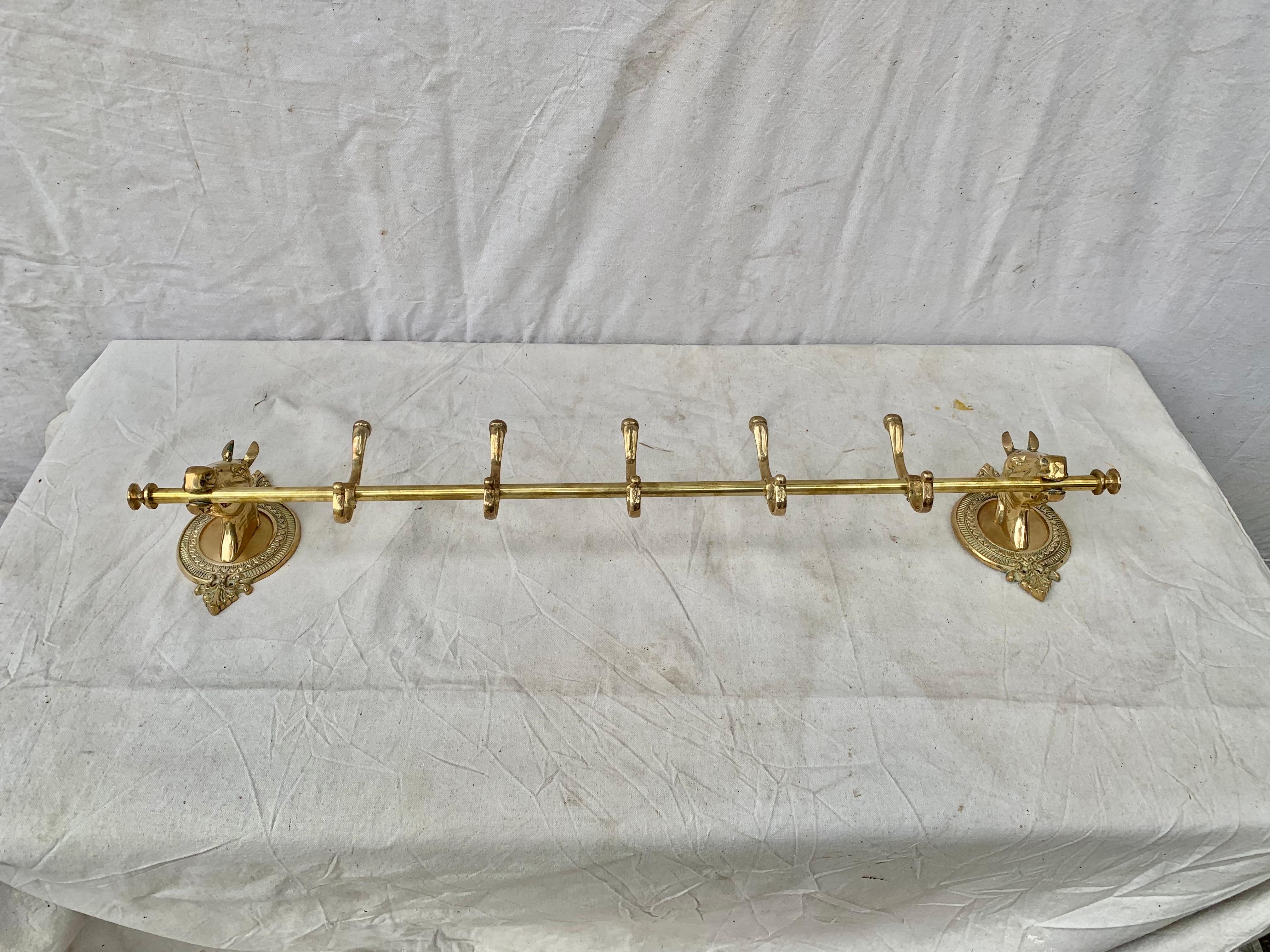 Hand-Crafted Mid 20th Century Brass Horse Head Equestrian Five Hook Coat Rack