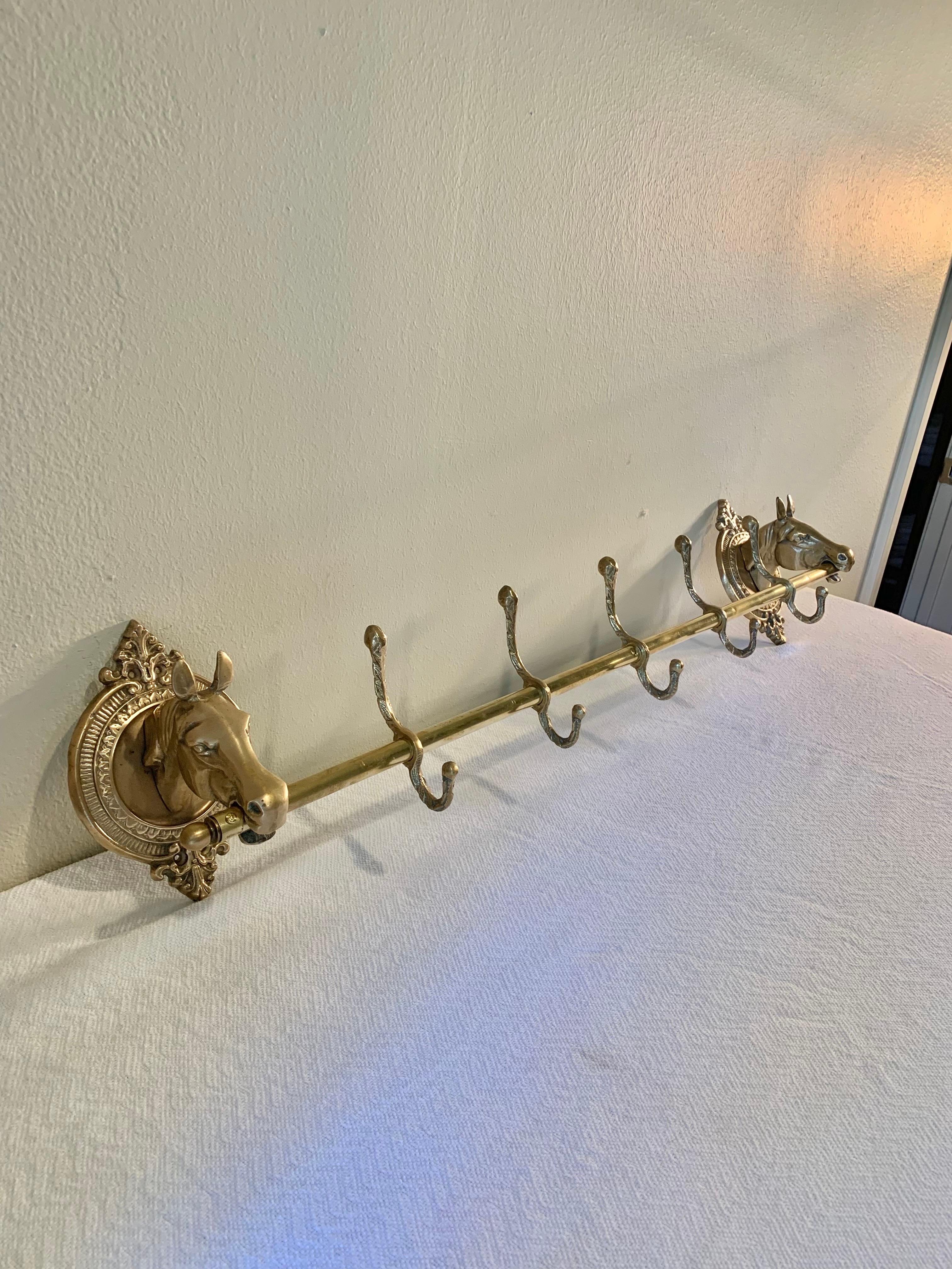 Hand-Crafted Mid 20th Century Brass Horse Head Equestrian Five Hook Coat Rack