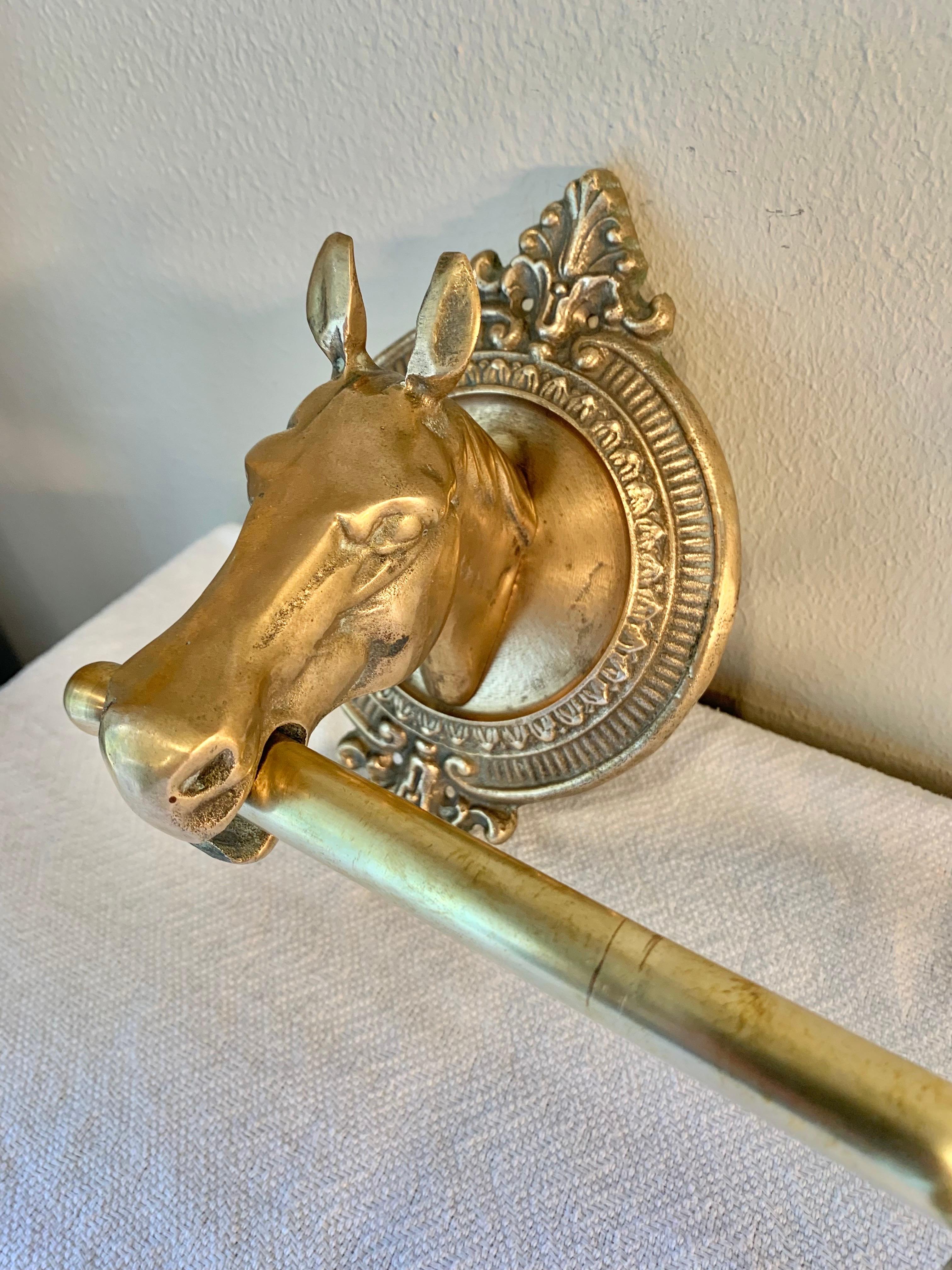 French Mid 20th Century Brass Horse Head Equestrian Five Hook Coat Rack