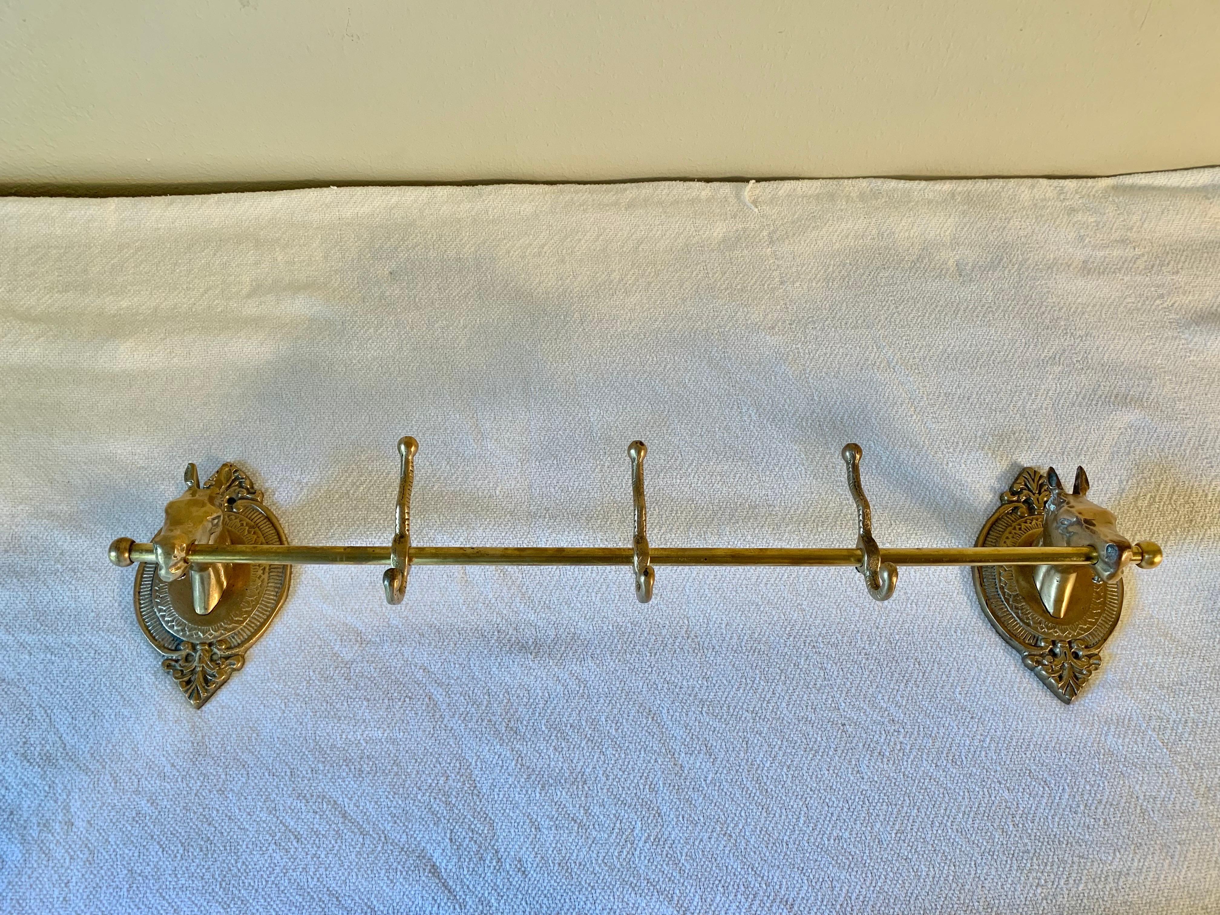 Mid 20th Century Brass Horse Head Equestrian Three Hook Coat Rack 5