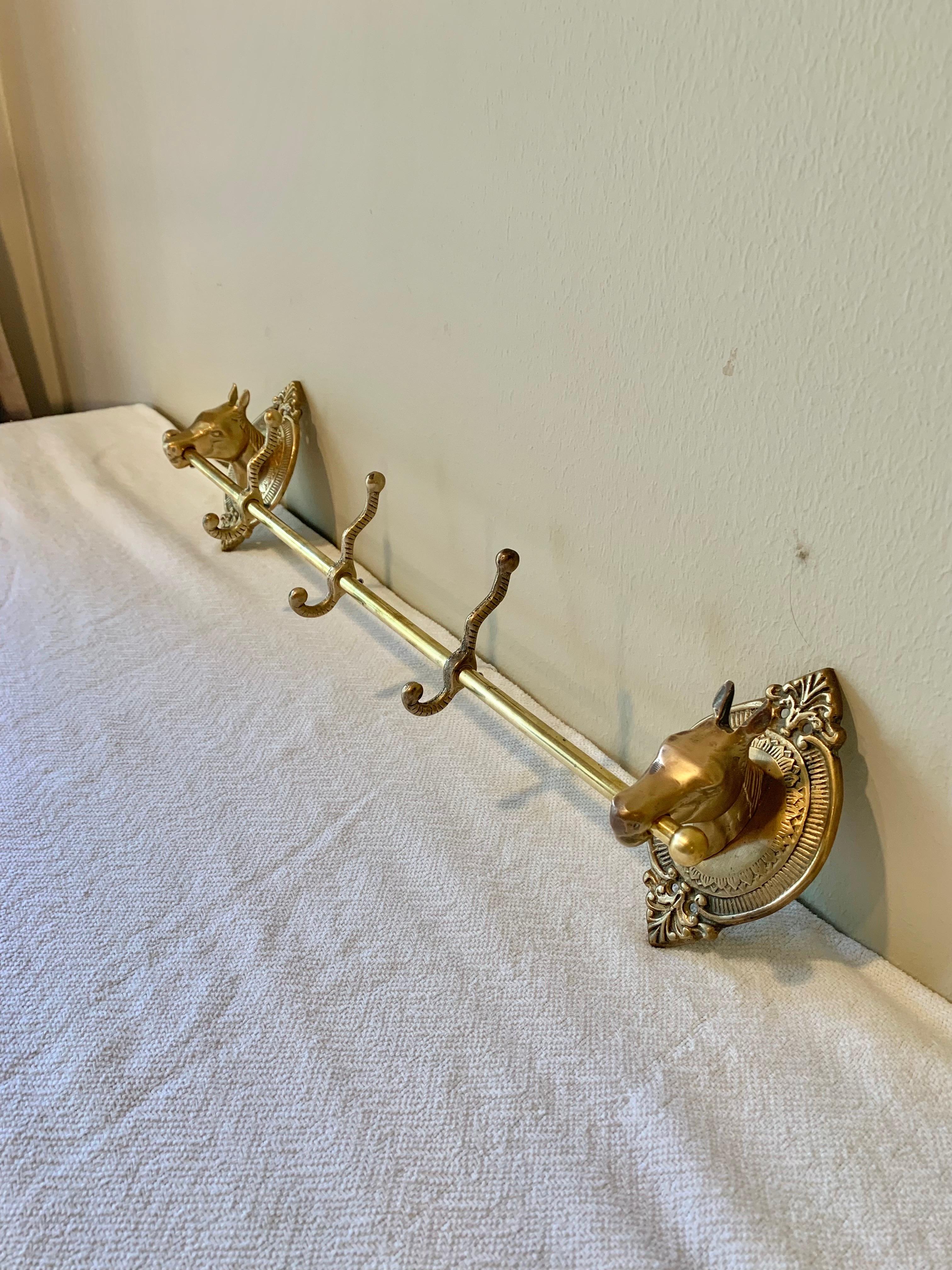 French Mid 20th Century Brass Horse Head Equestrian Three Hook Coat Rack