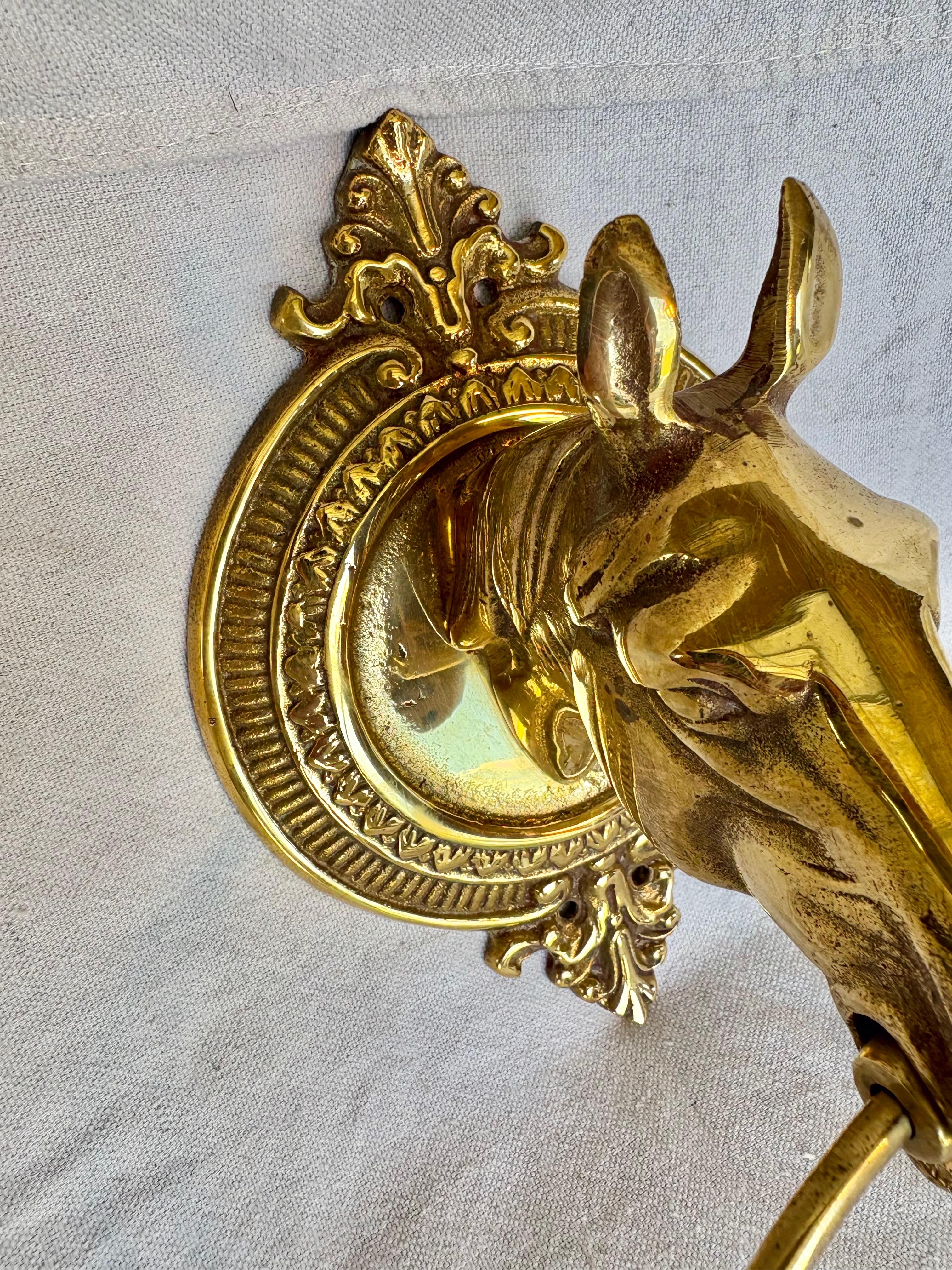 Hand-Crafted Mid 20th Century Brass Horse Head Equestrian Towel Holder Ring For Sale
