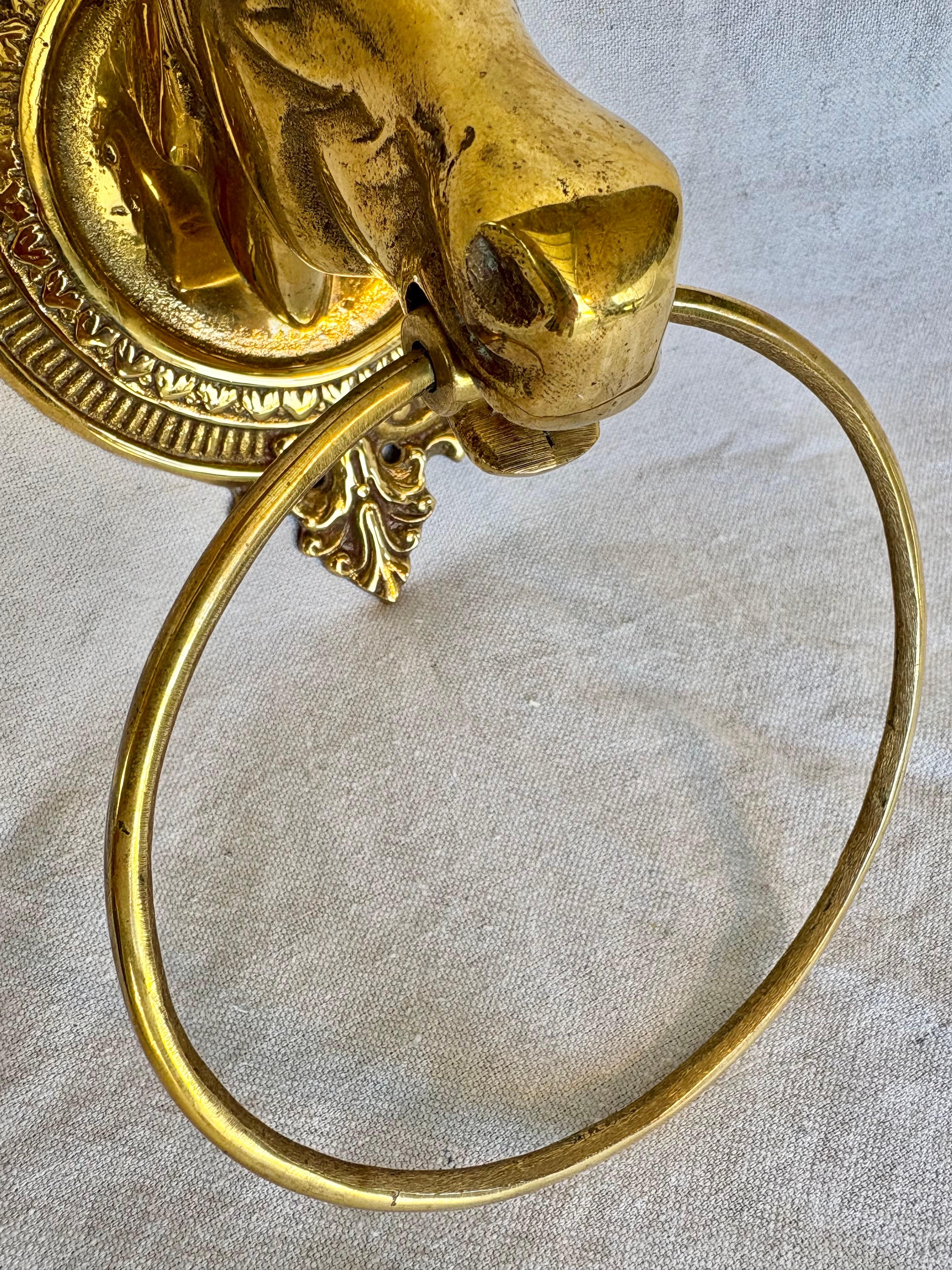 Mid 20th Century Brass Horse Head Equestrian Towel Holder Ring For Sale 1