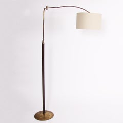 Mid-20th Century Brass and Leather-Covered Swing Arm Floor Lamp