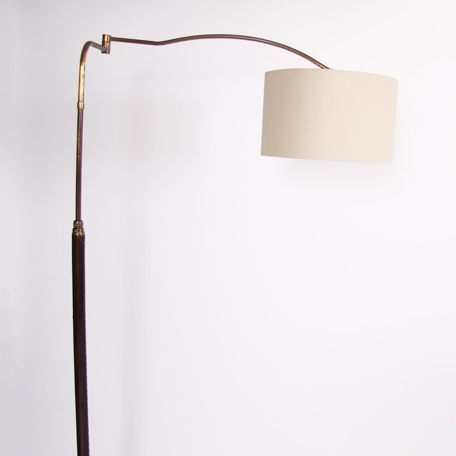 Italian Mid-20th Century Brass and Leather-Covered Swing Arm Floor Lamp