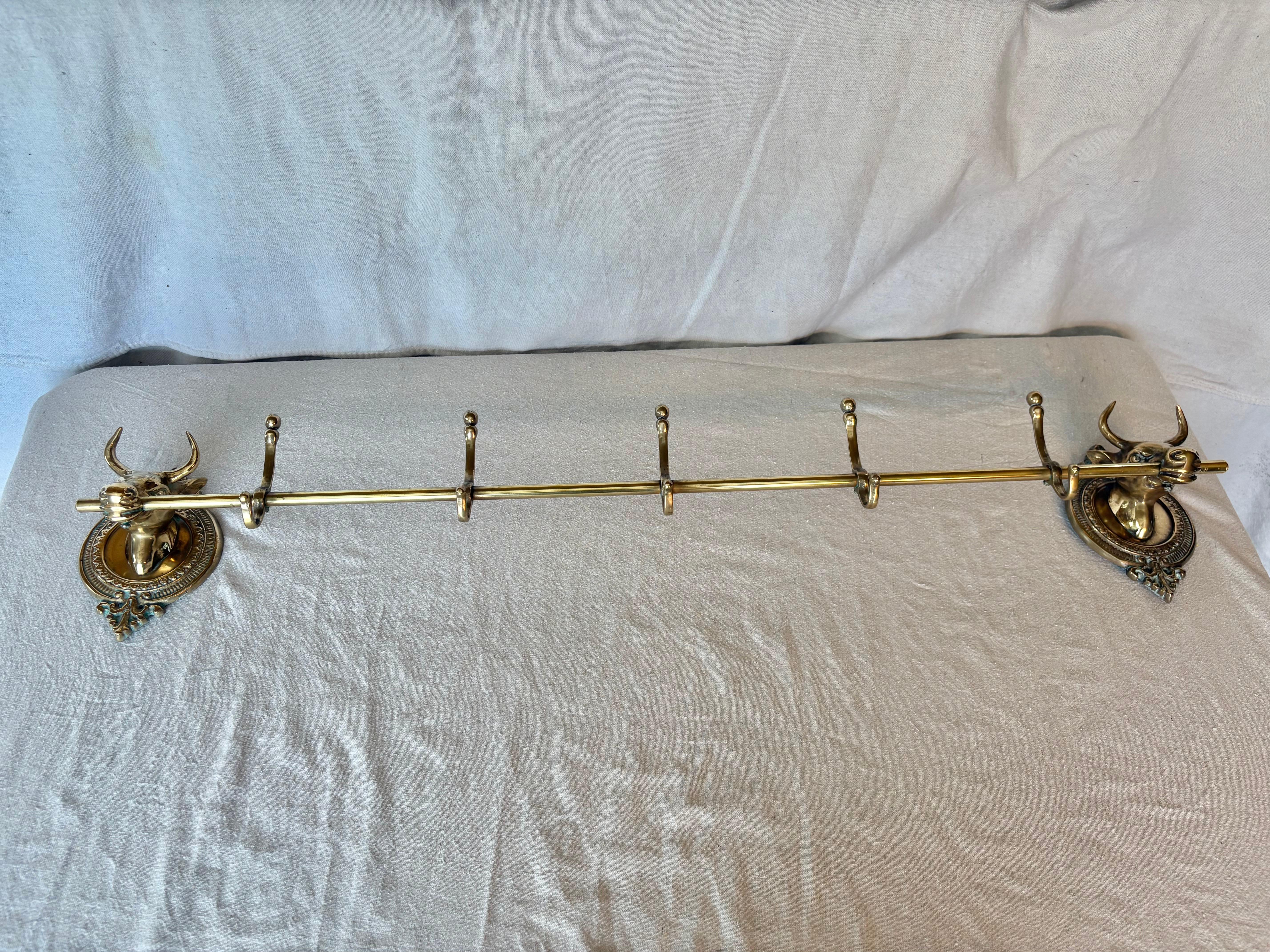 Mid 20th Century Brass Longhorn Cow Head Five Hook Coat Rack For Sale 6