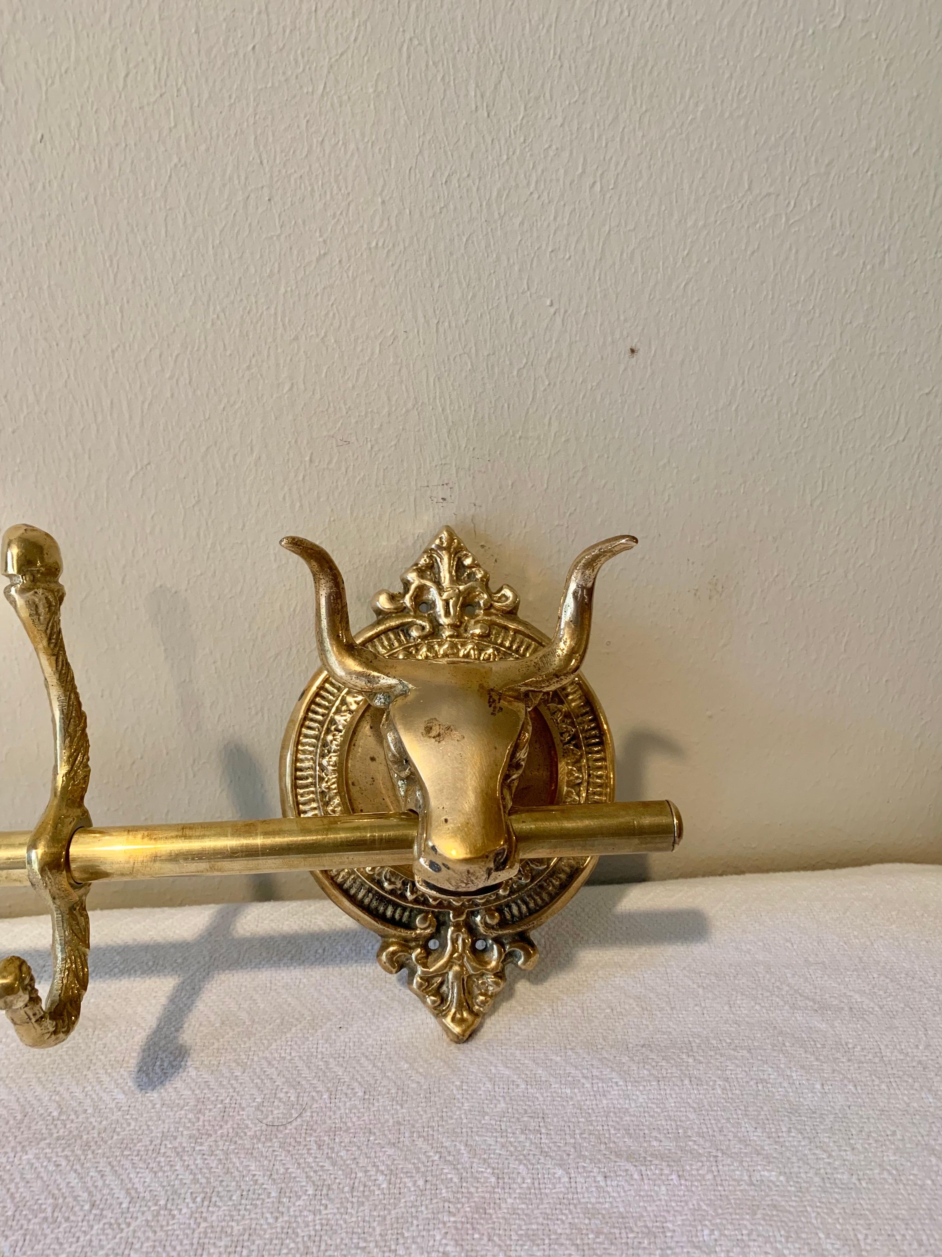 Mid 20th Century Brass Longhorn Cow Head Five Hook Coat Rack 10