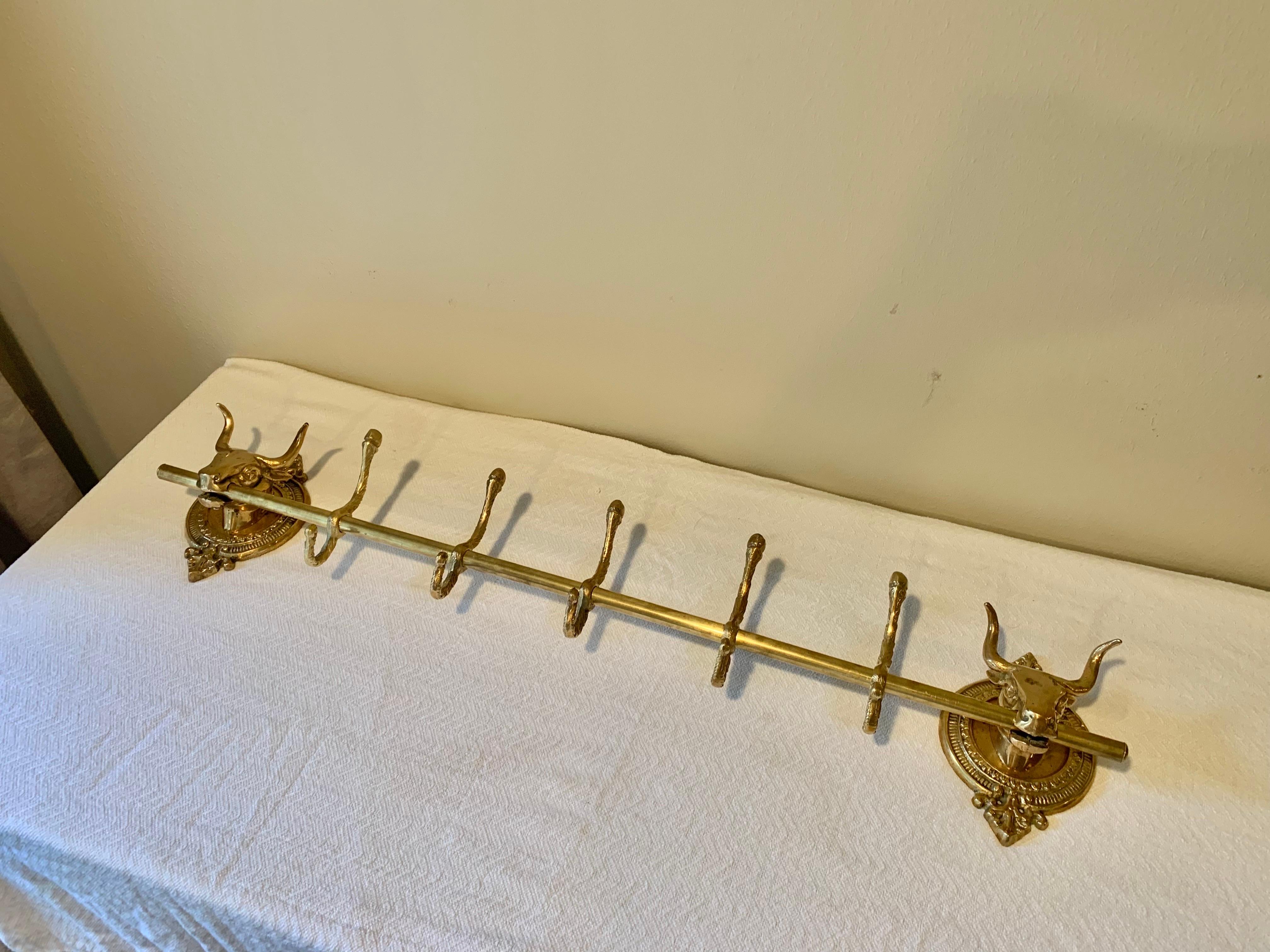 Mid 20th Century Brass Longhorn Cow Head Five Hook Coat Rack 12