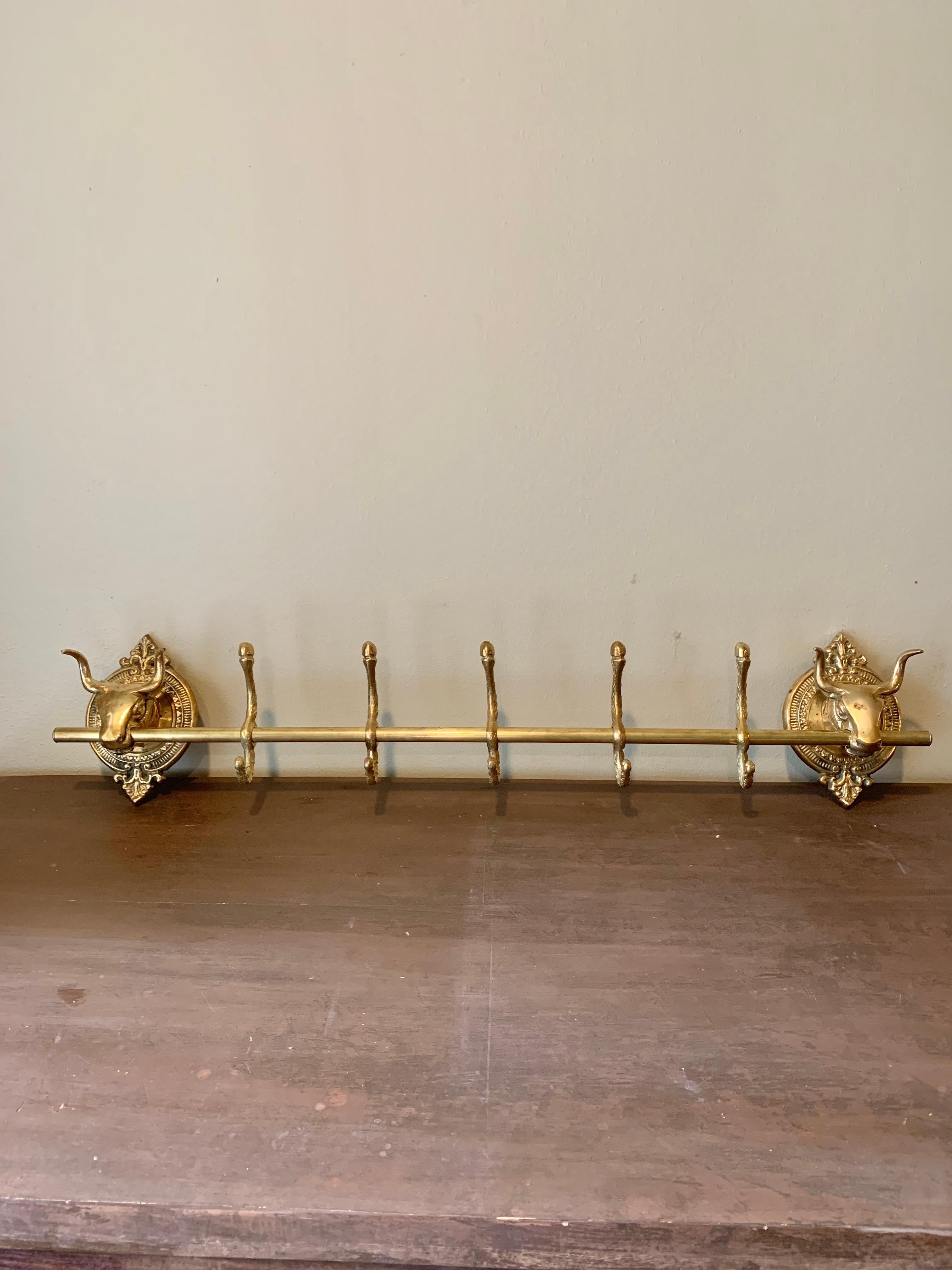 American Mid 20th Century Brass Longhorn Cow Head Five Hook Coat Rack