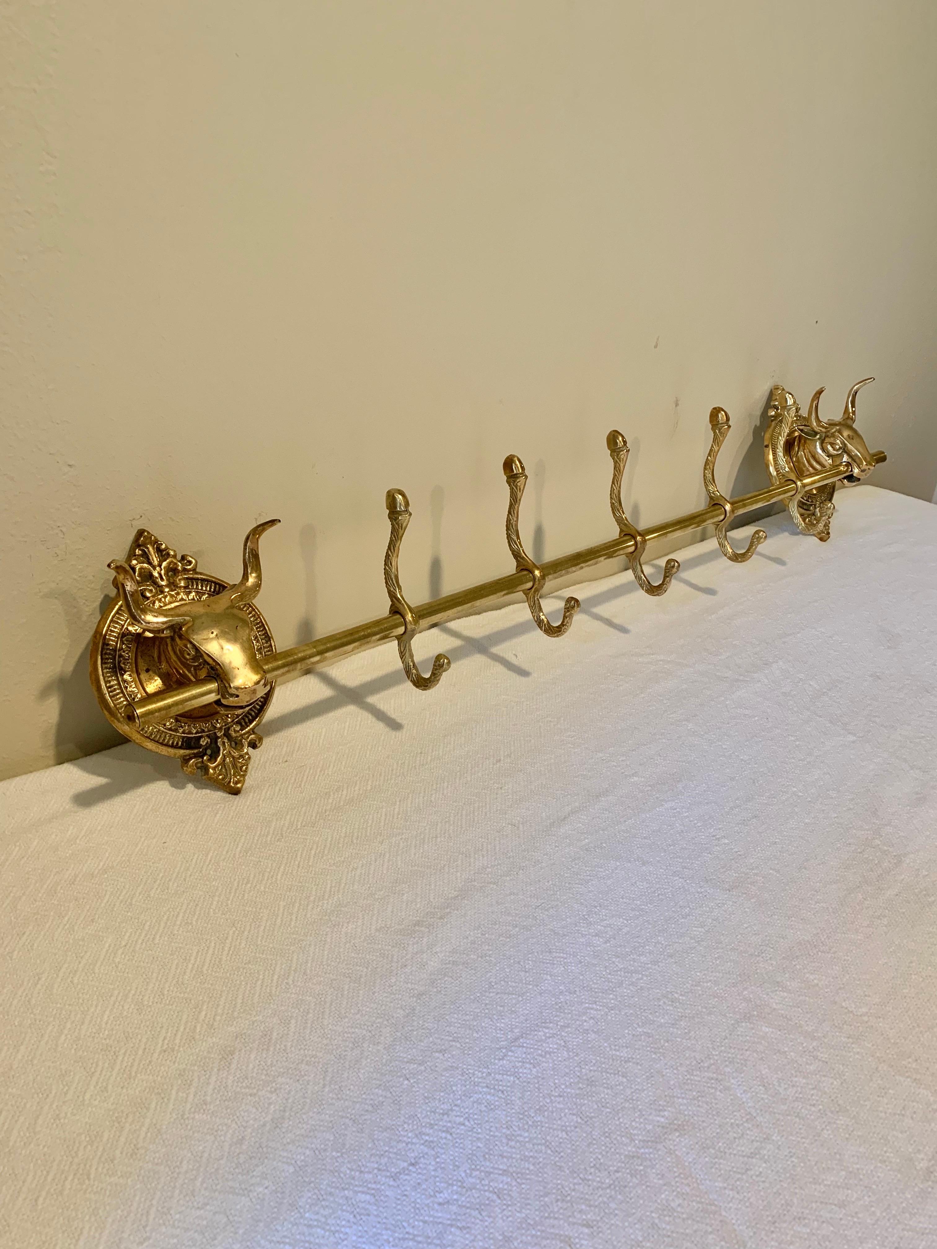Mid 20th Century Brass Longhorn Cow Head Five Hook Coat Rack In Good Condition In Burton, TX