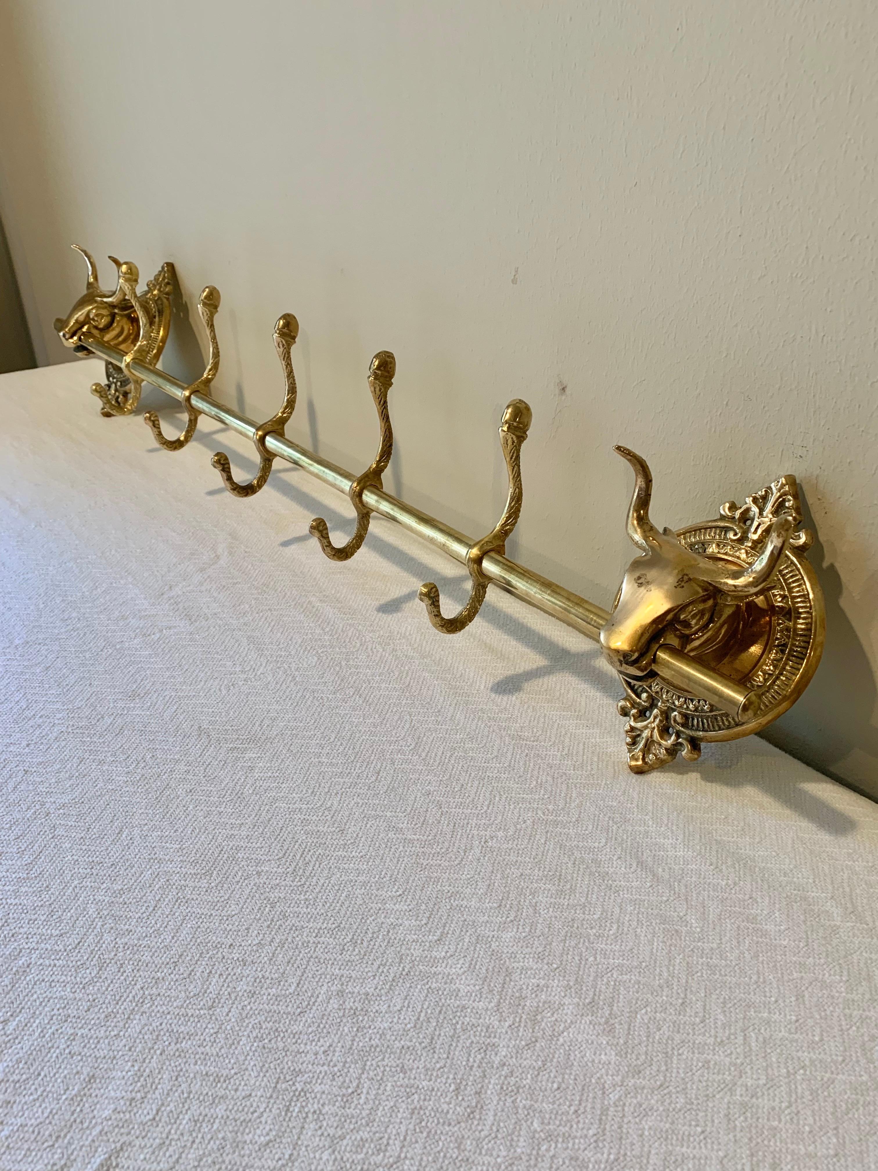 Mid 20th Century Brass Longhorn Cow Head Five Hook Coat Rack 1