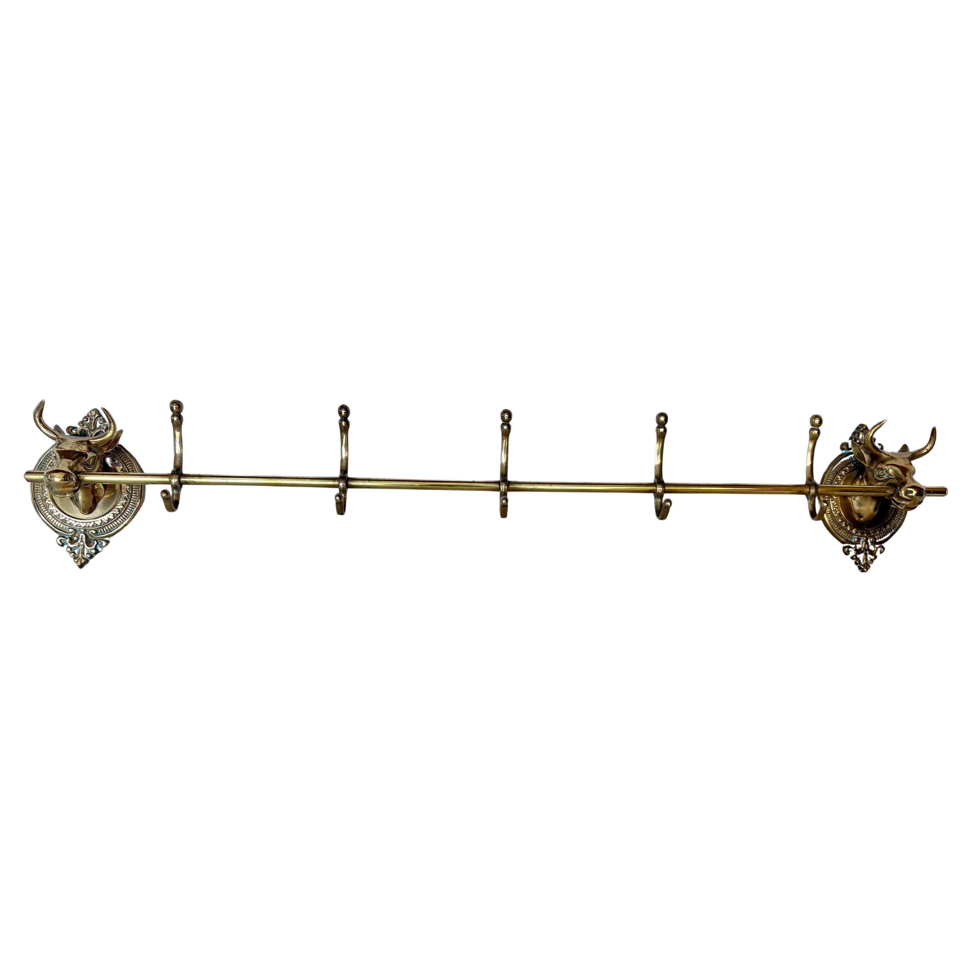 Mid 20th Century Brass Longhorn Cow Head Five Hook Coat Rack For Sale