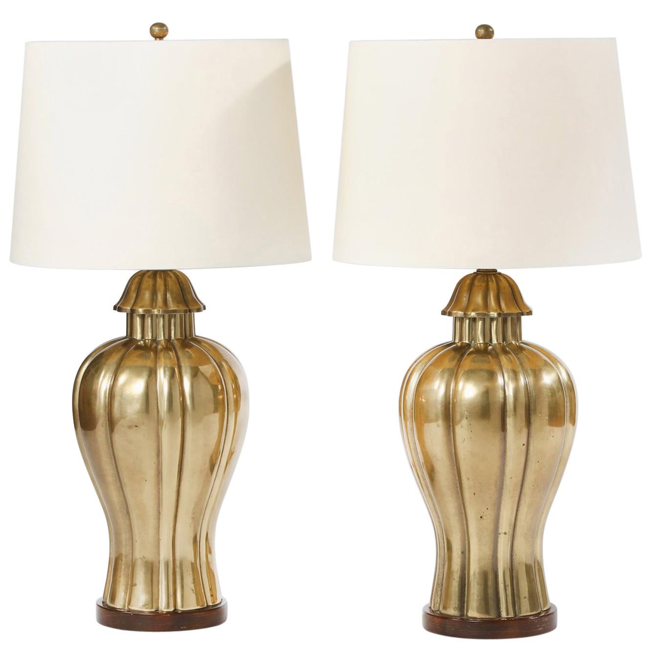 Mid-20th Century Brass Pair of Table Lamps / Wood Base