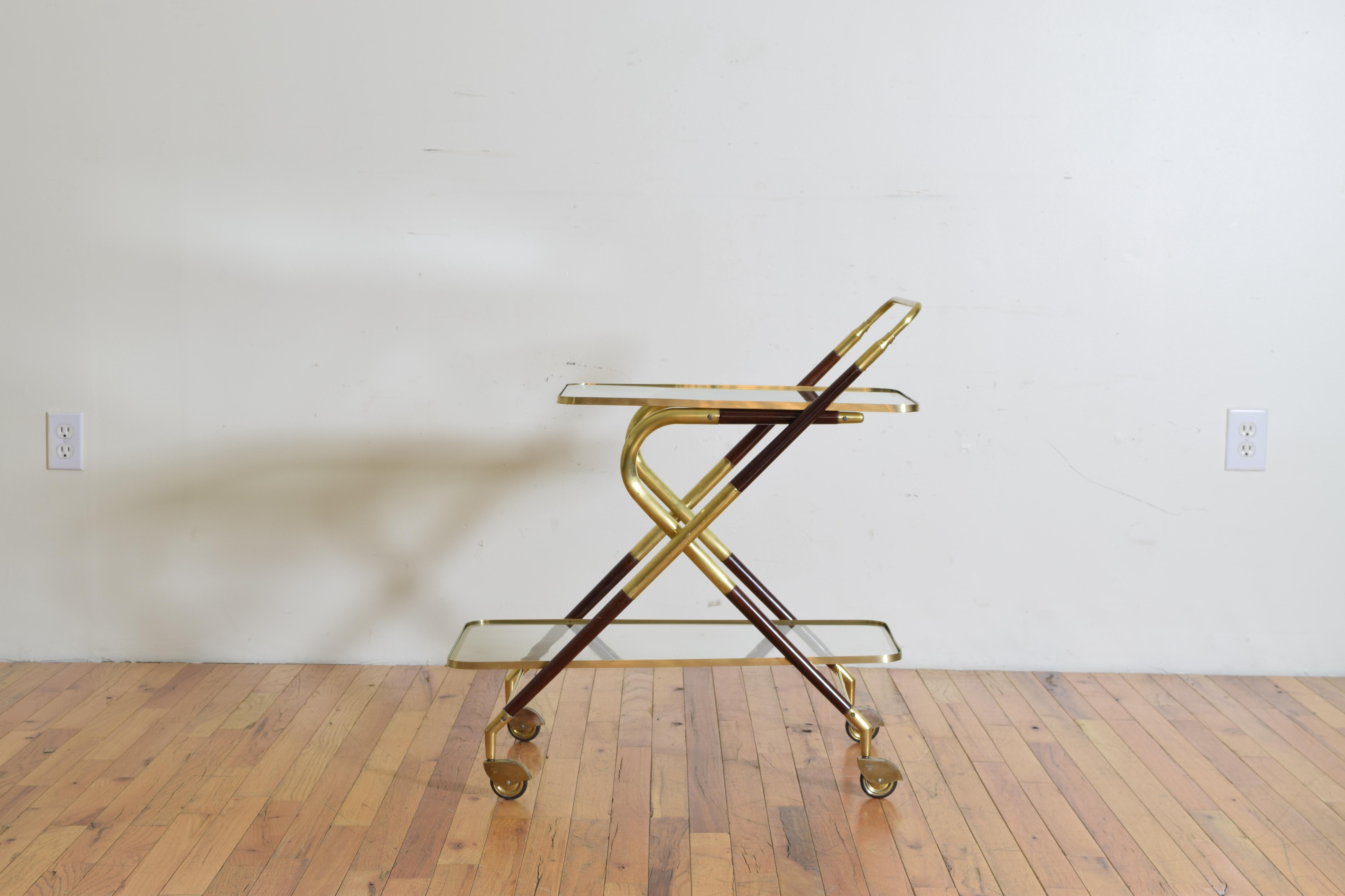 Modern Mid-20th century Brass, Rosewood and Glass Bar Cart on Casters