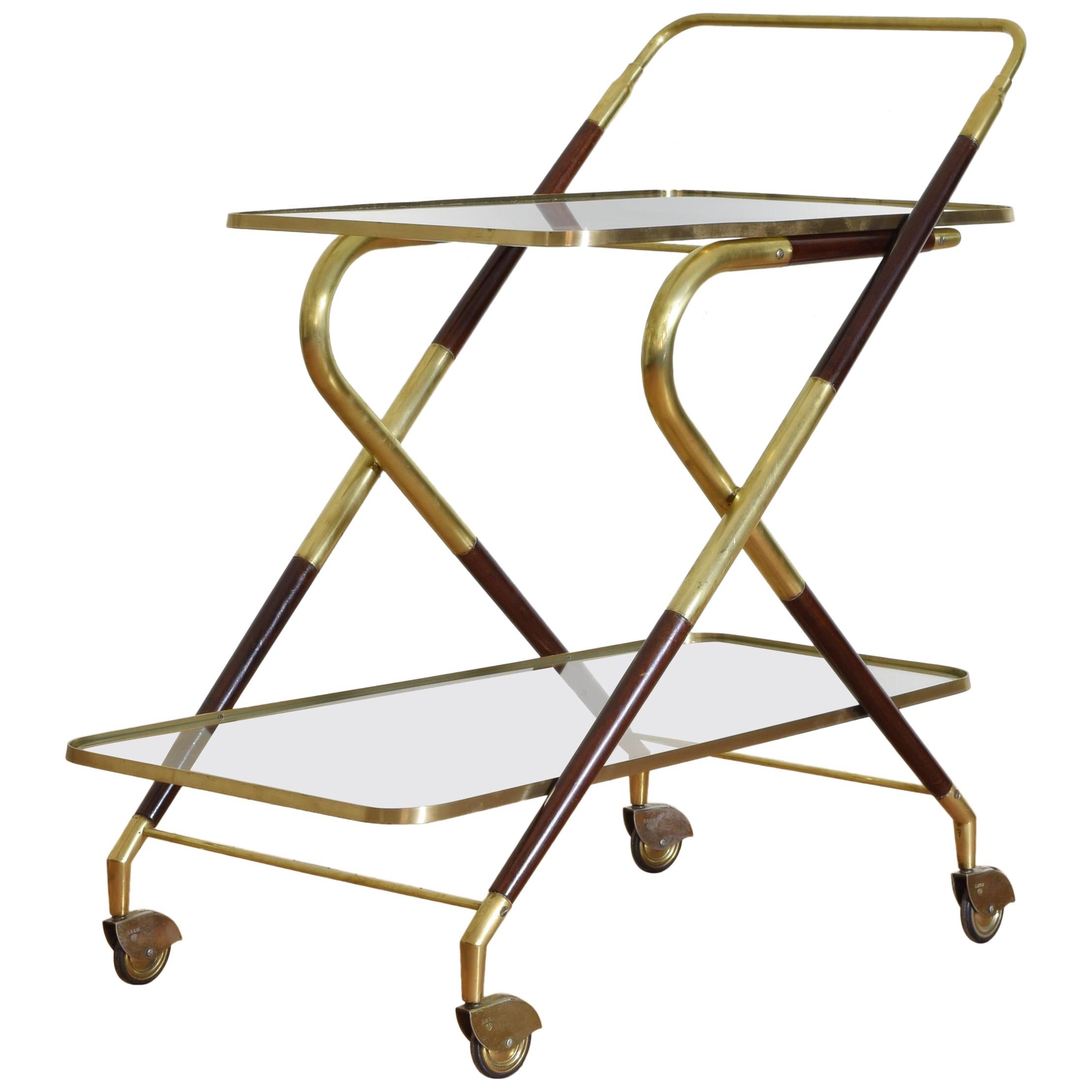 Mid-20th century Brass, Rosewood and Glass Bar Cart on Casters
