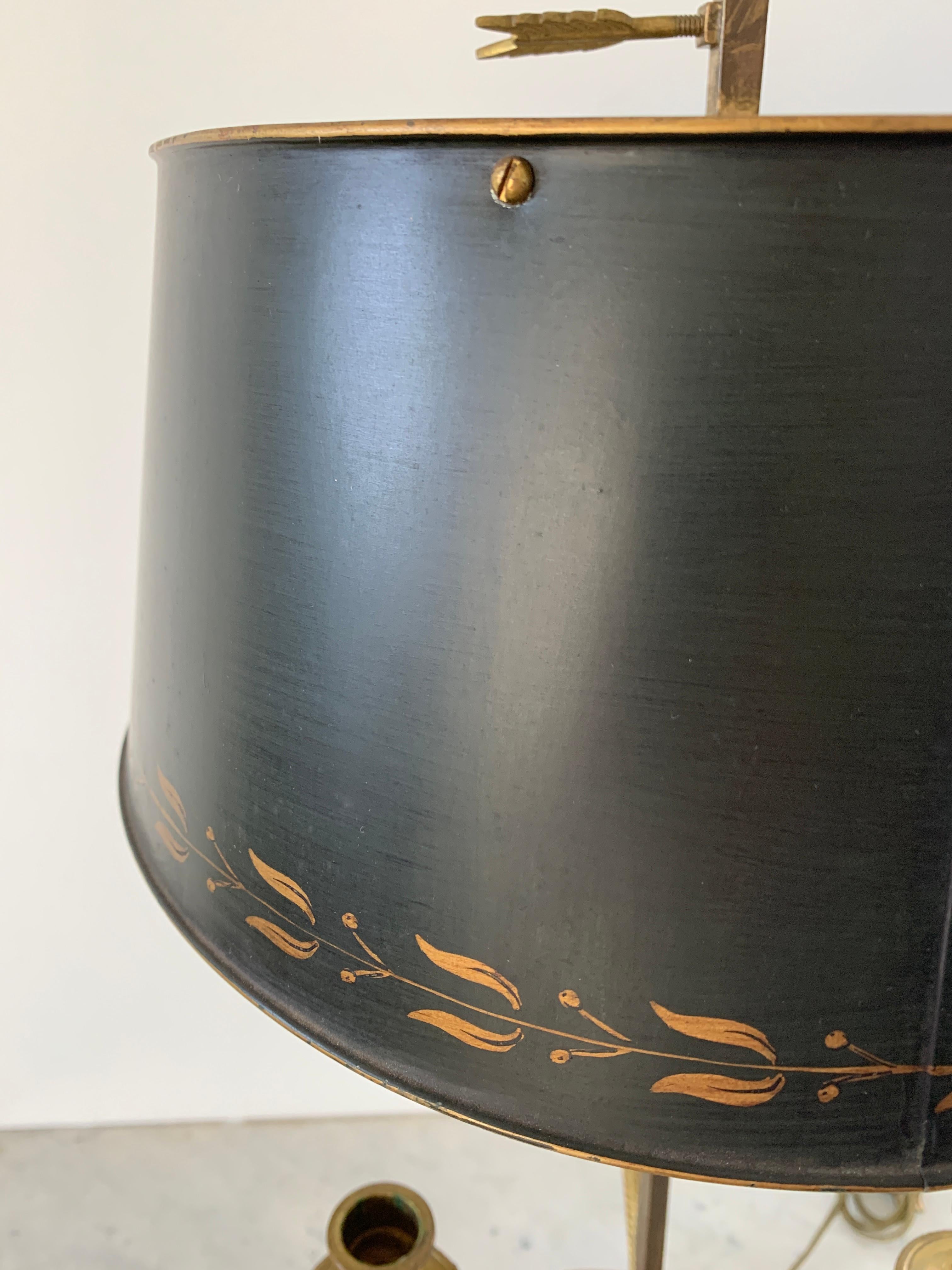 Mid-20th Century Brass Three-Arm Bouillotte Lamp With Black Tole Shade For Sale 6