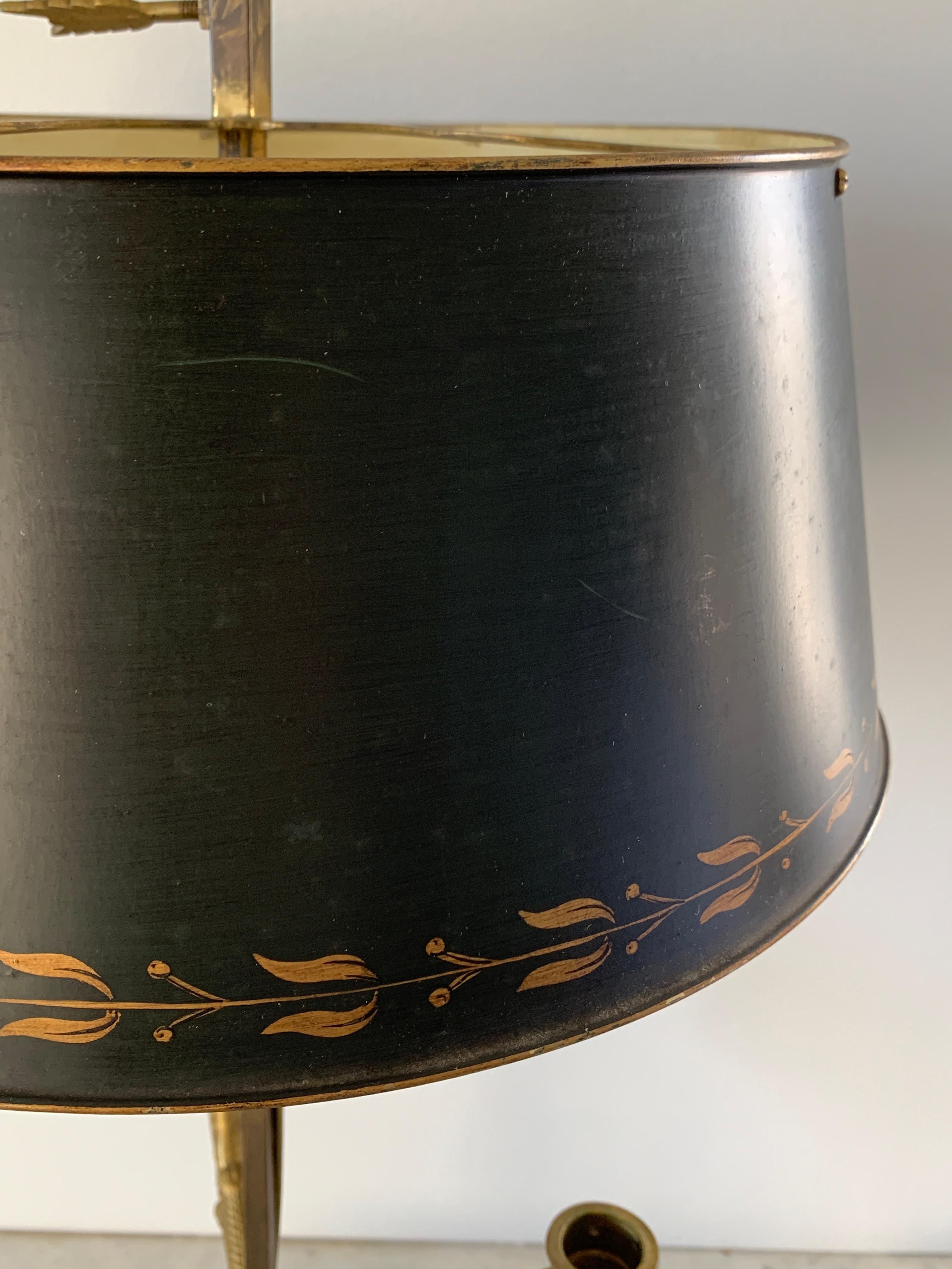 Neoclassical Mid-20th Century Brass Three-Arm Bouillotte Lamp With Black Tole Shade For Sale