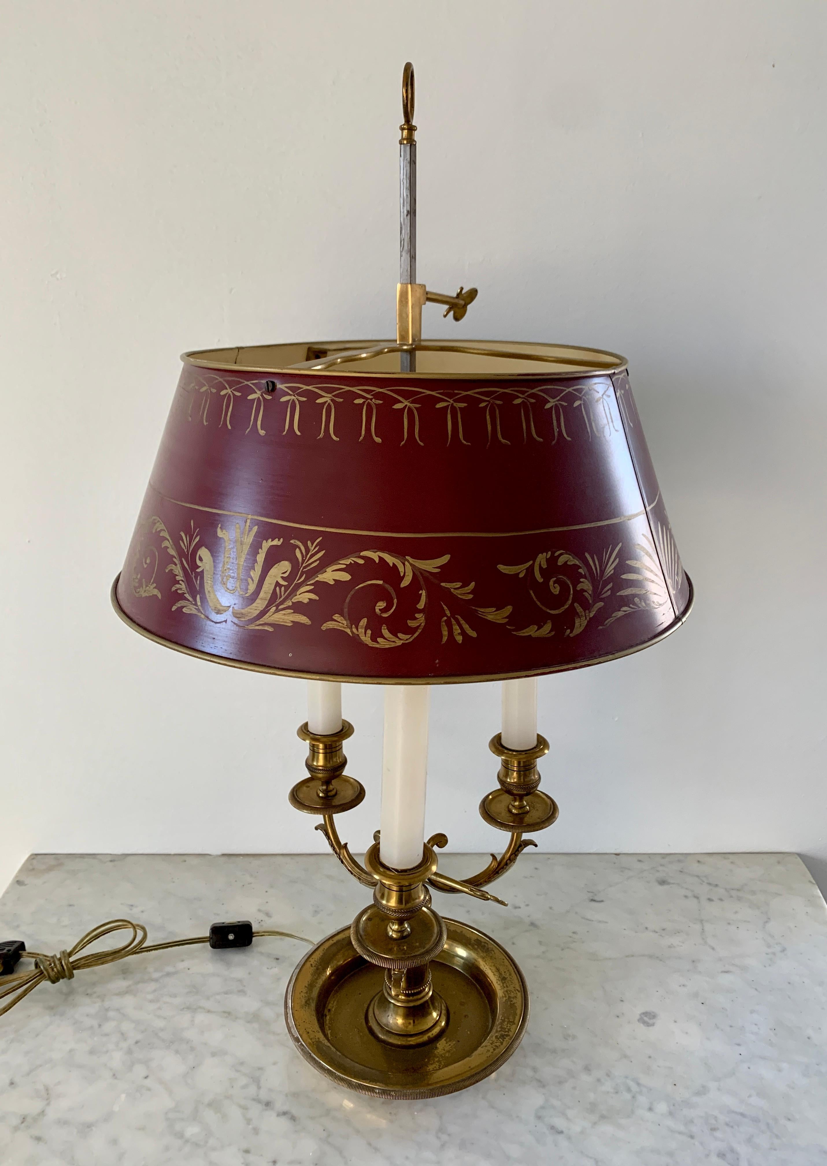 Mid-20th Century Brass Three-Arm Bouillotte Lamp With Red Tole Shade 4