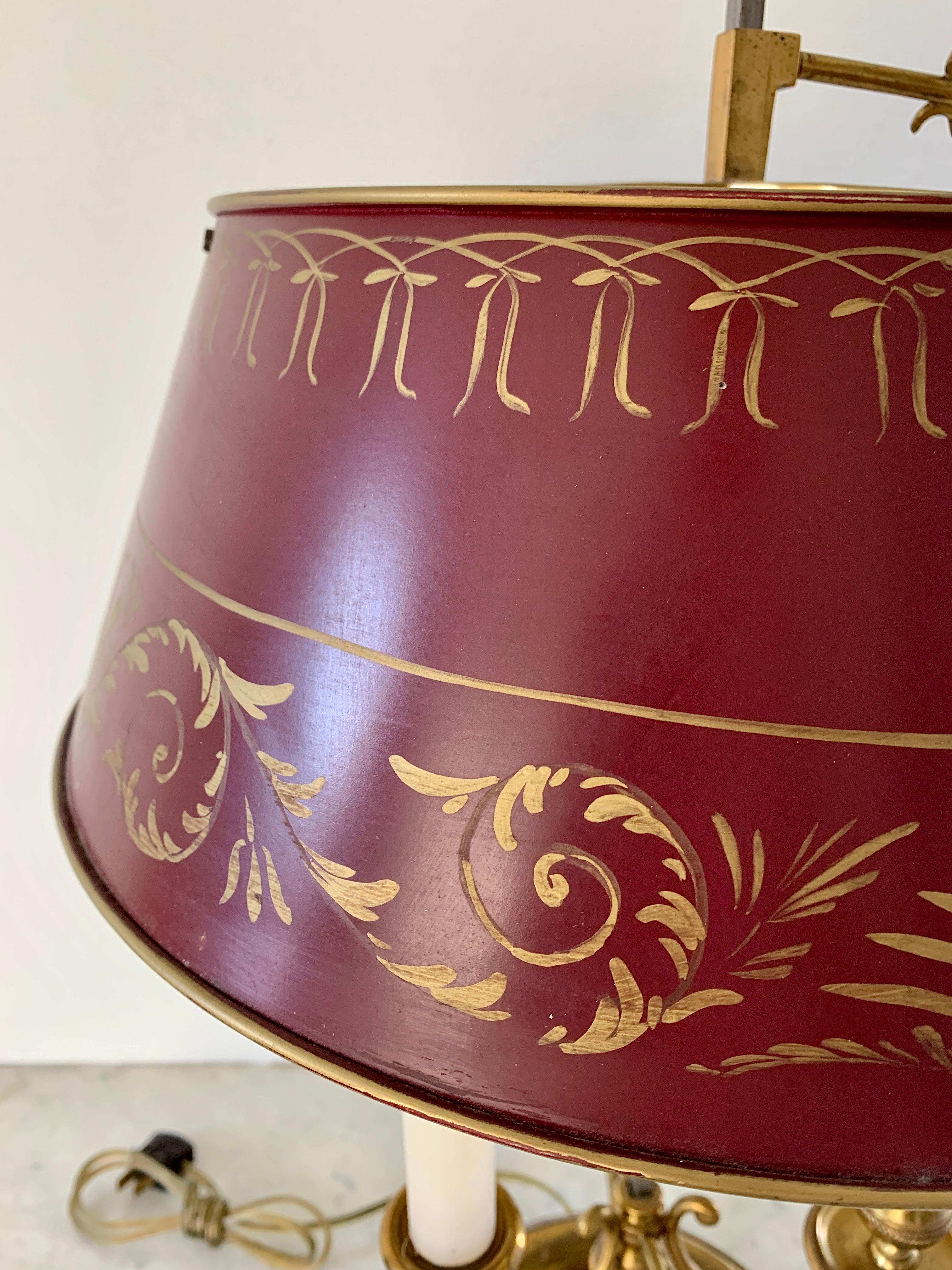French Provincial Mid-20th Century Brass Three-Arm Bouillotte Lamp With Red Tole Shade