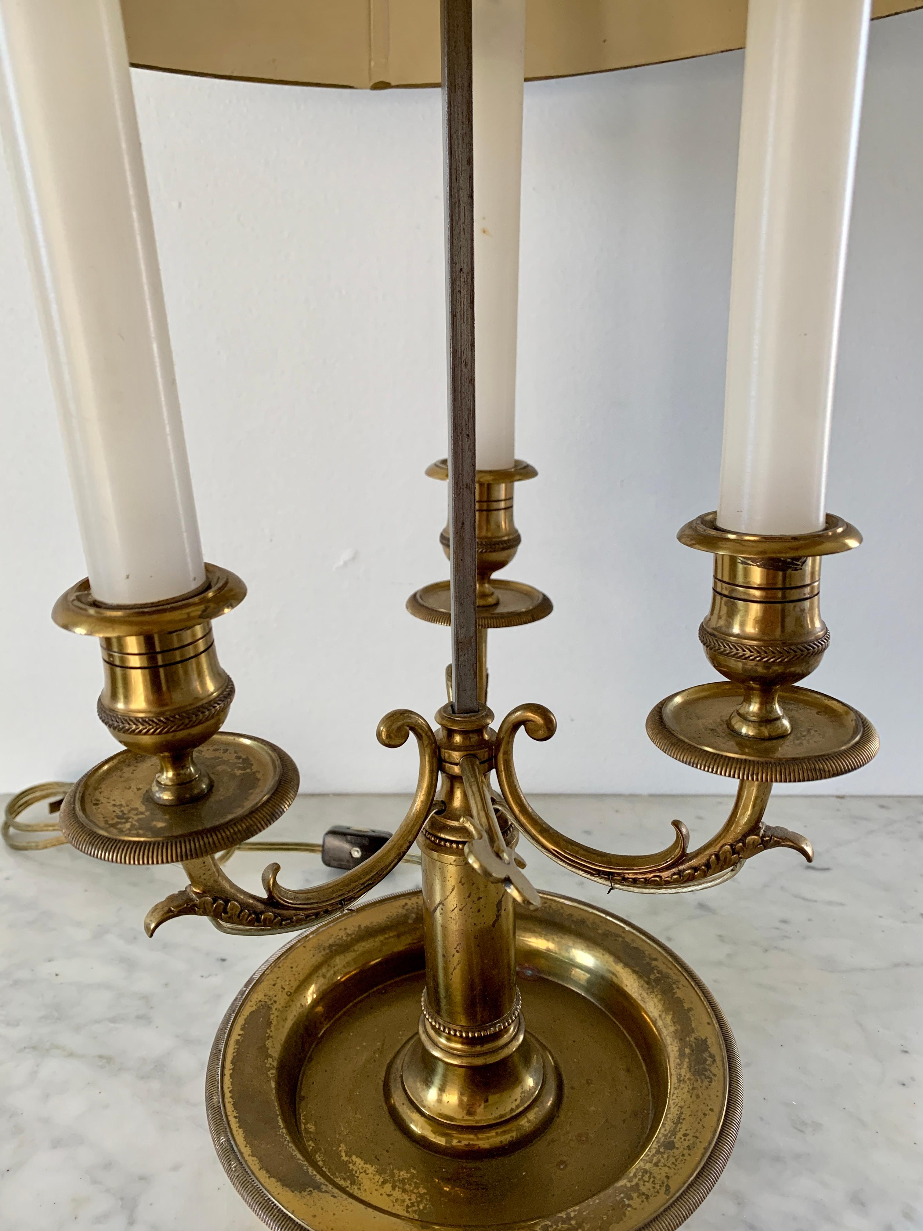 American Mid-20th Century Brass Three-Arm Bouillotte Lamp With Red Tole Shade