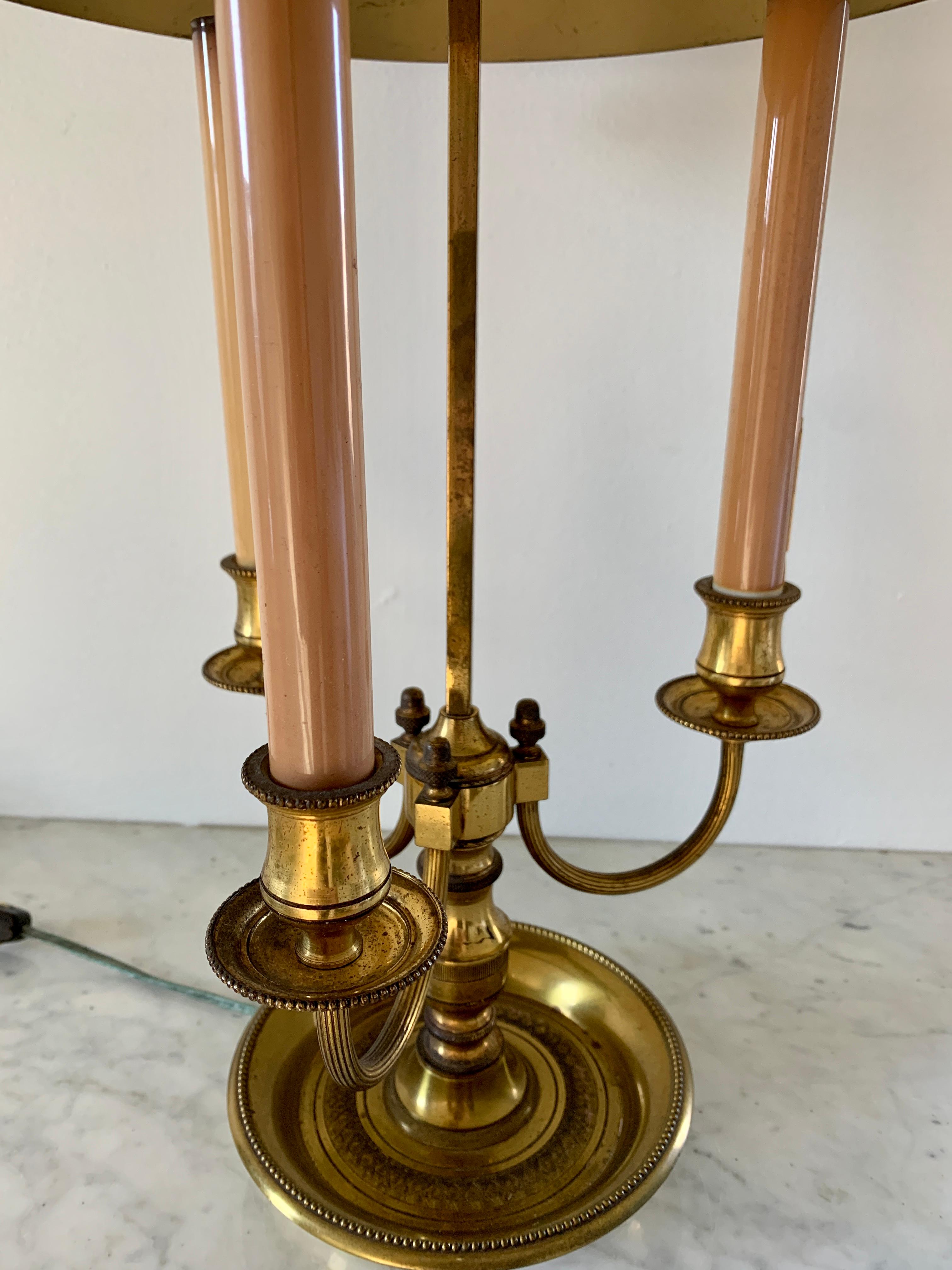 American Mid-20th Century Brass Three-Arm Bouillotte Lamp with Red Tole Shade For Sale