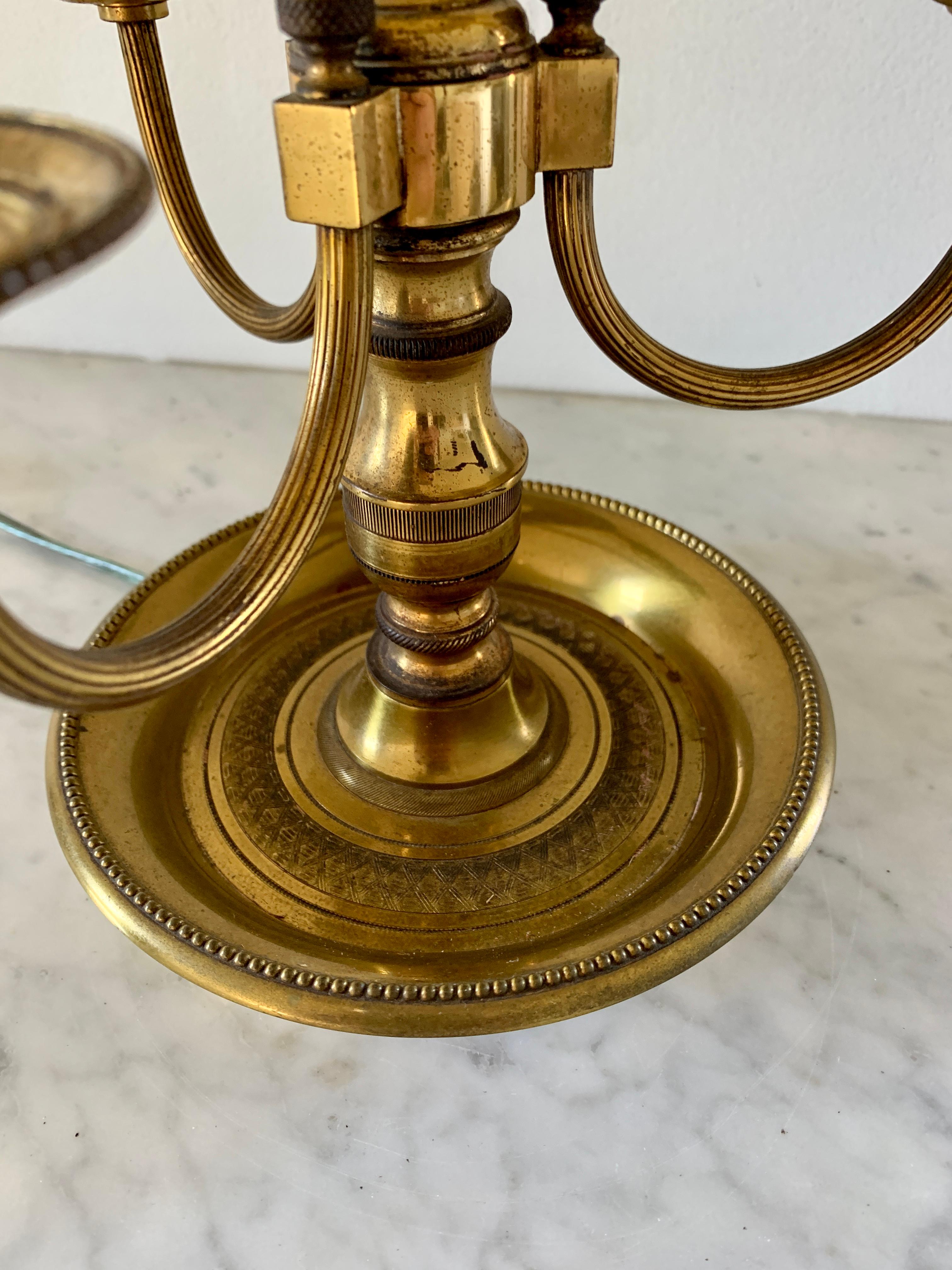 Mid-20th Century Brass Three-Arm Bouillotte Lamp with Red Tole Shade In Good Condition For Sale In Elkhart, IN