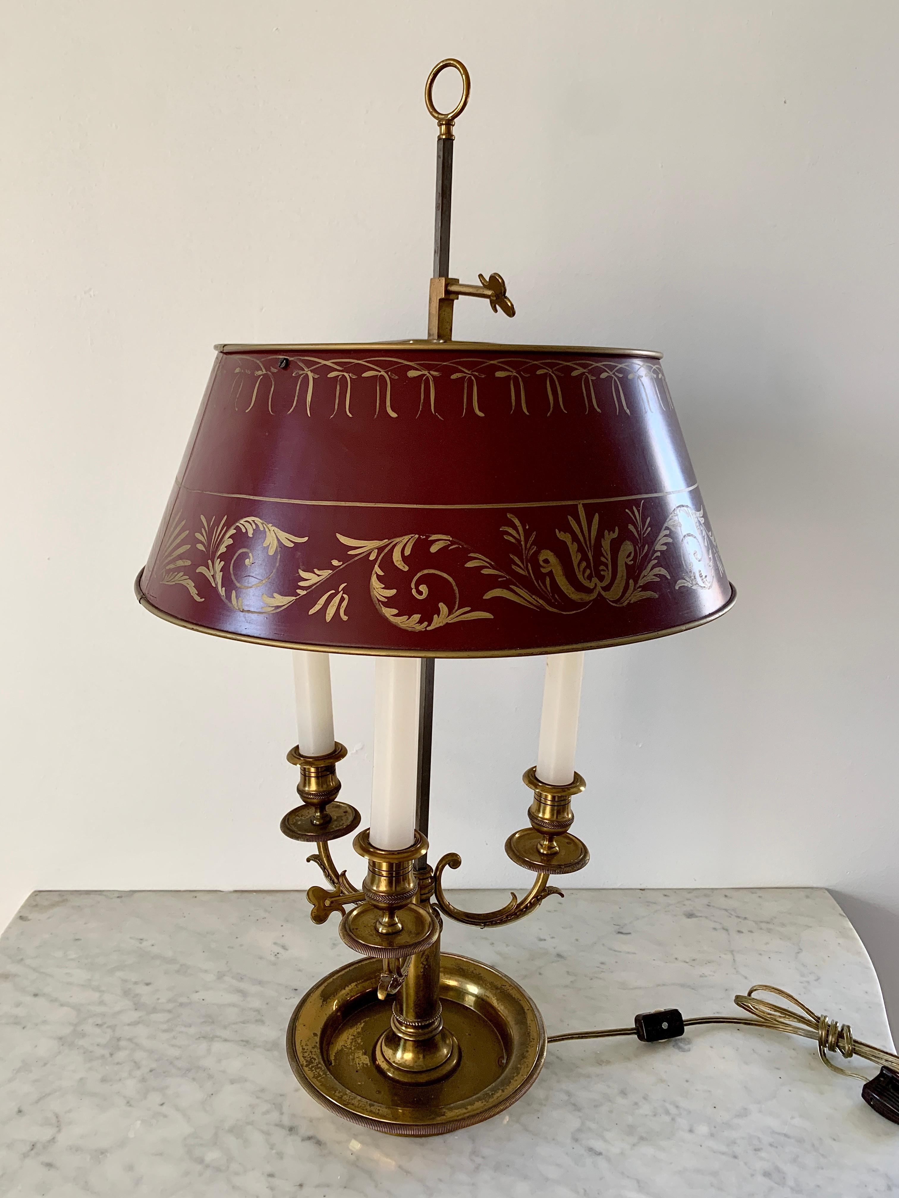 Mid-20th Century Brass Three-Arm Bouillotte Lamp With Red Tole Shade 1