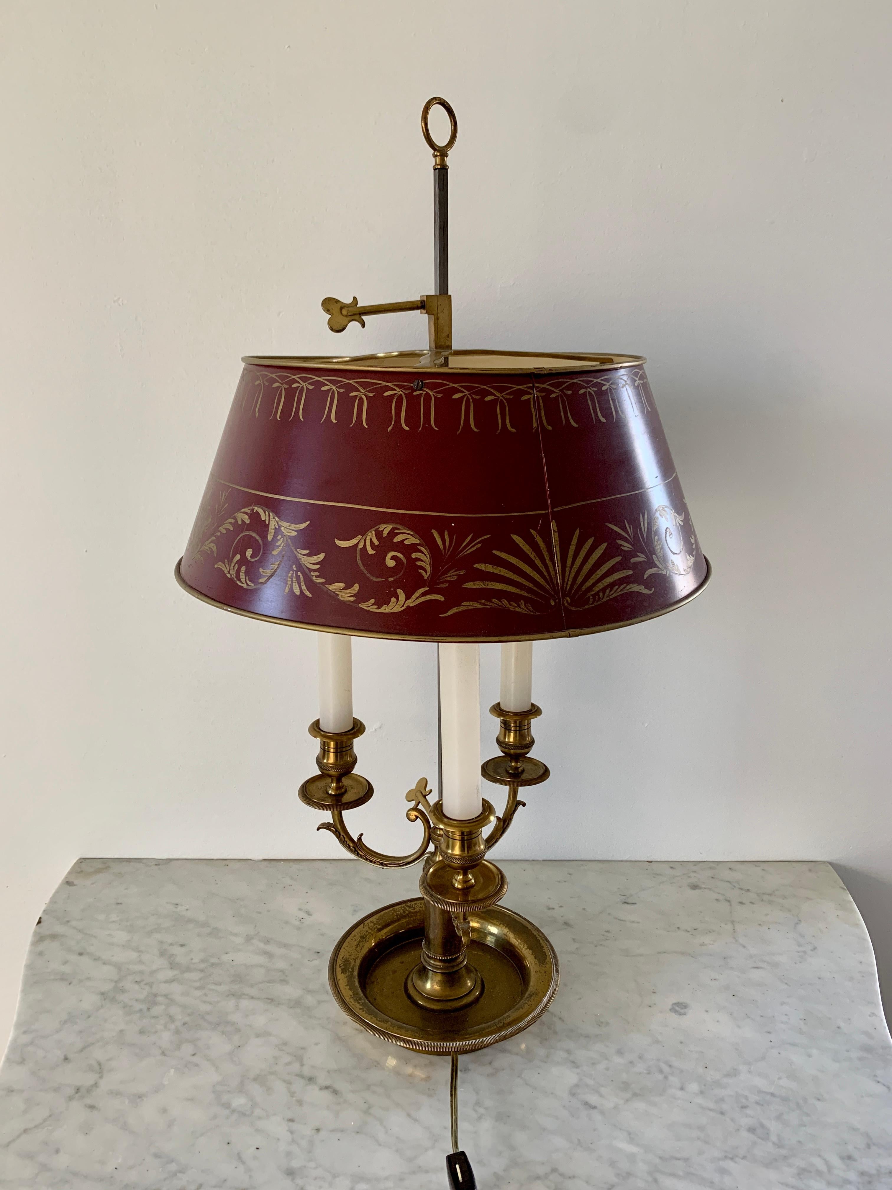 Mid-20th Century Brass Three-Arm Bouillotte Lamp With Red Tole Shade 2