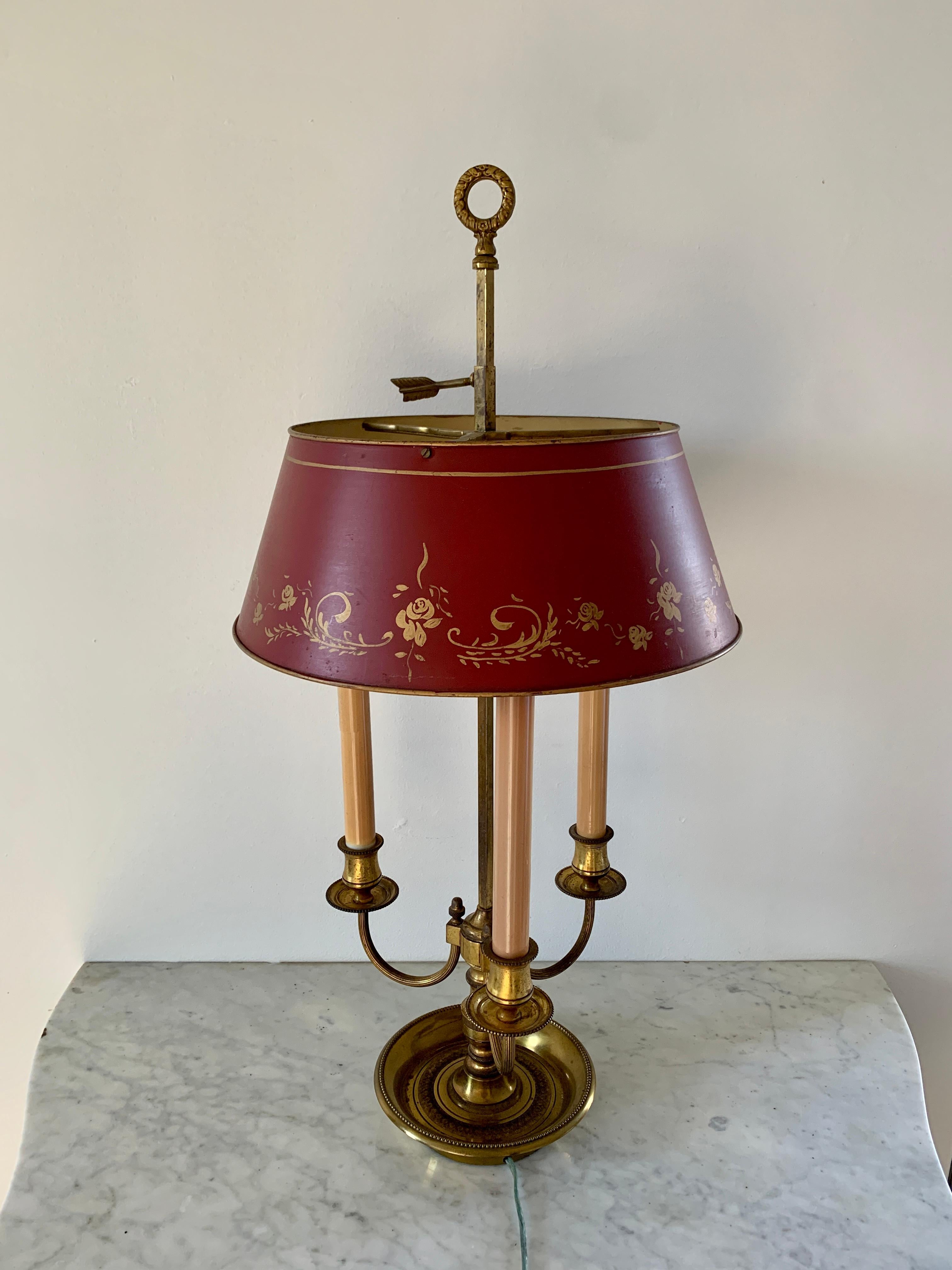 Mid-20th Century Brass Three-Arm Bouillotte Lamp with Red Tole Shade For Sale 1