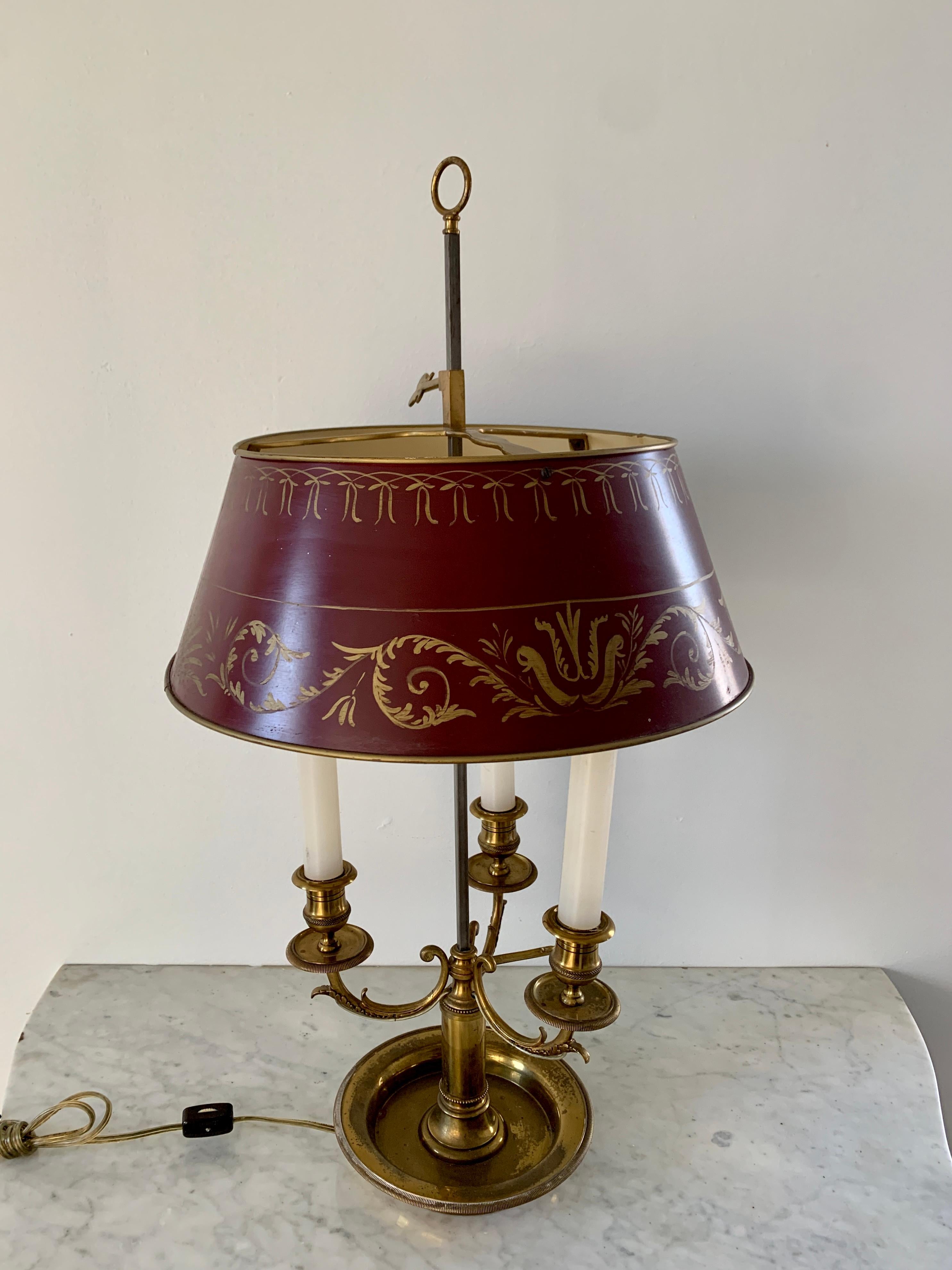 Mid-20th Century Brass Three-Arm Bouillotte Lamp With Red Tole Shade 3