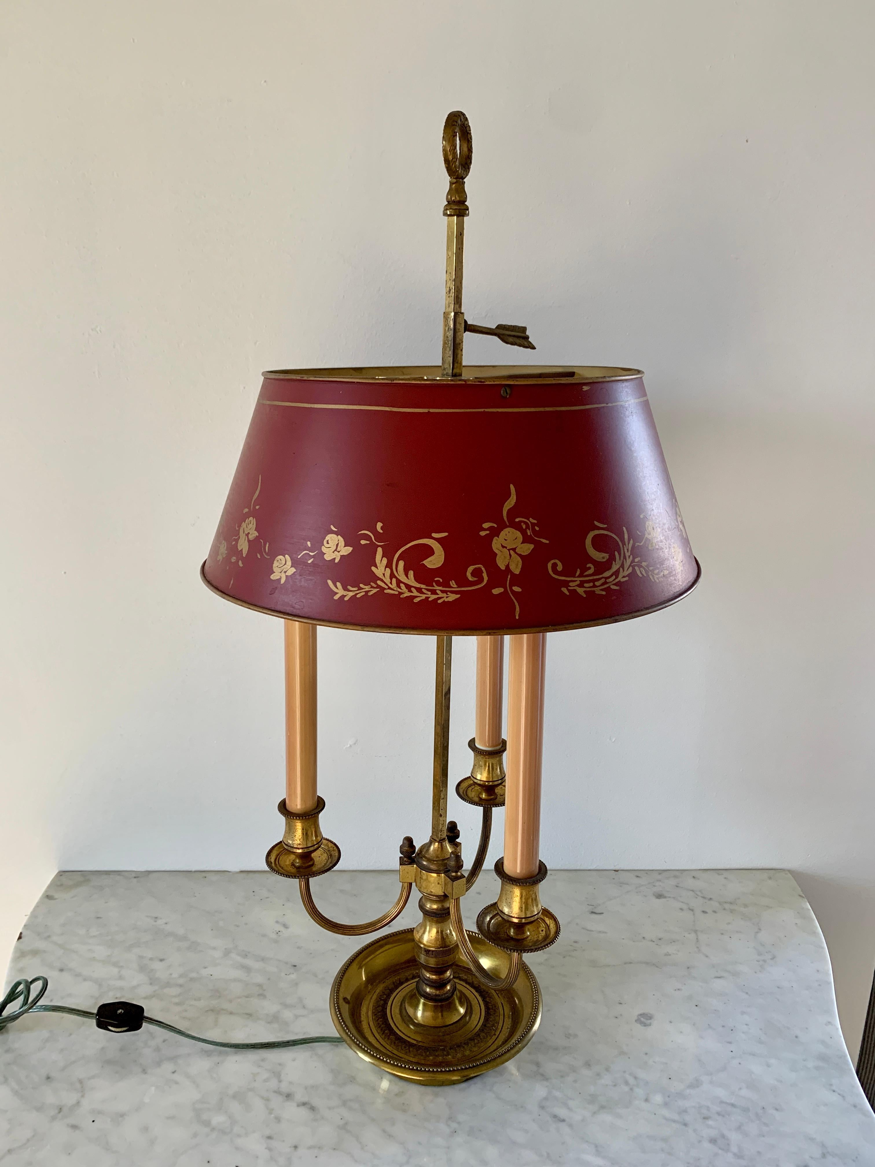 Mid-20th Century Brass Three-Arm Bouillotte Lamp with Red Tole Shade For Sale 2