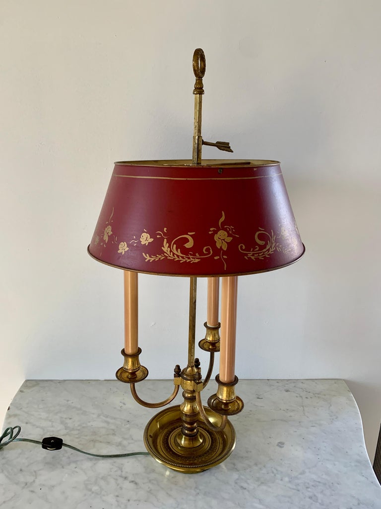 Mid-20th Century Brass Three-Arm Bouillotte Lamp with Red Tole Shade ...