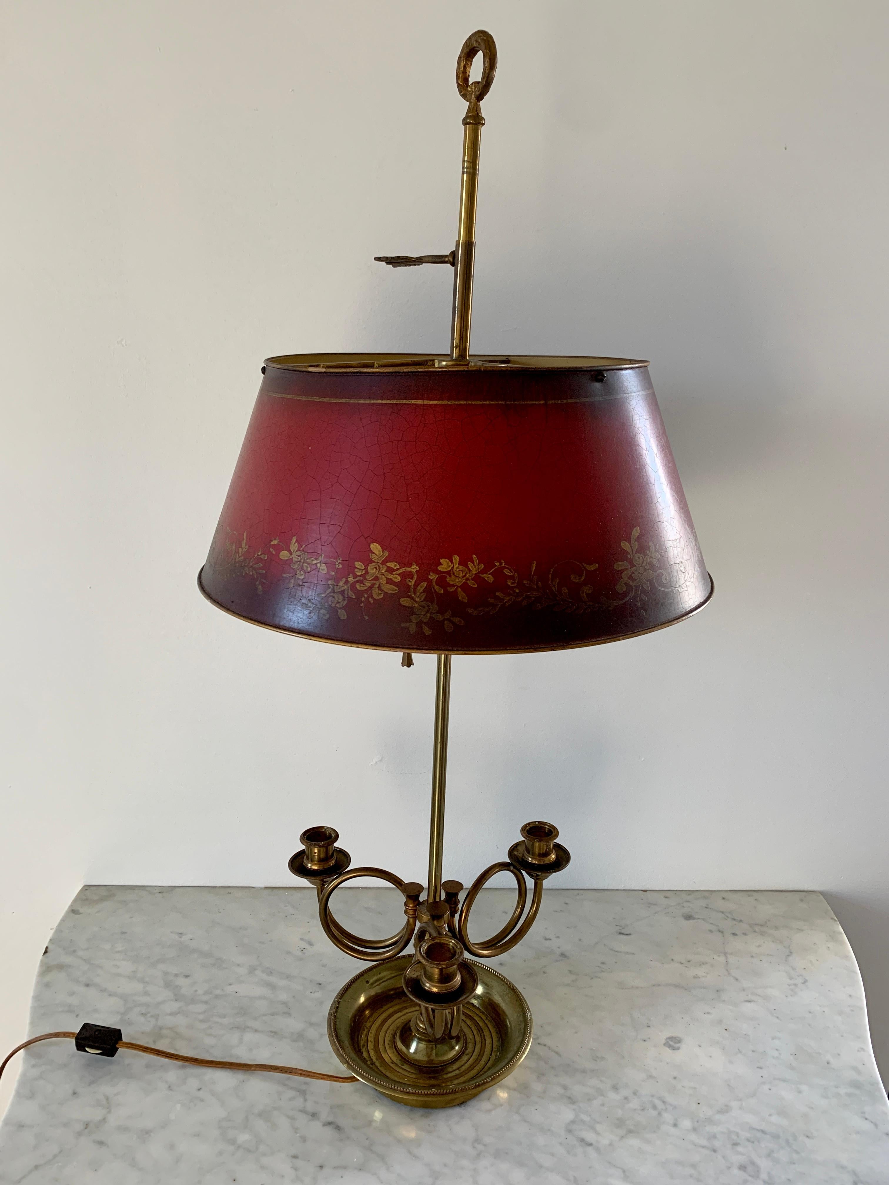 Mid-20th Century Brass Three-Arm Horn Bouillotte Lamp with Red Tole Shade For Sale 4