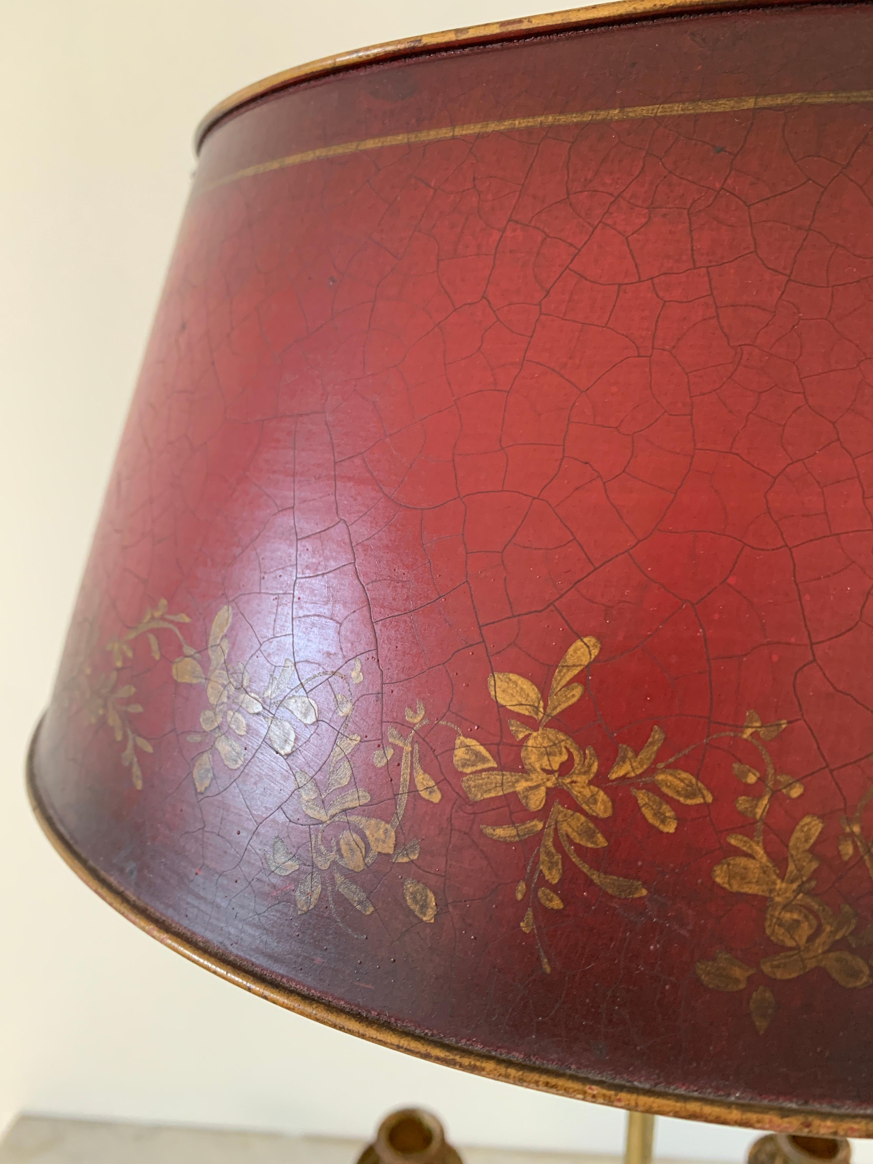 American Mid-20th Century Brass Three-Arm Horn Bouillotte Lamp with Red Tole Shade For Sale