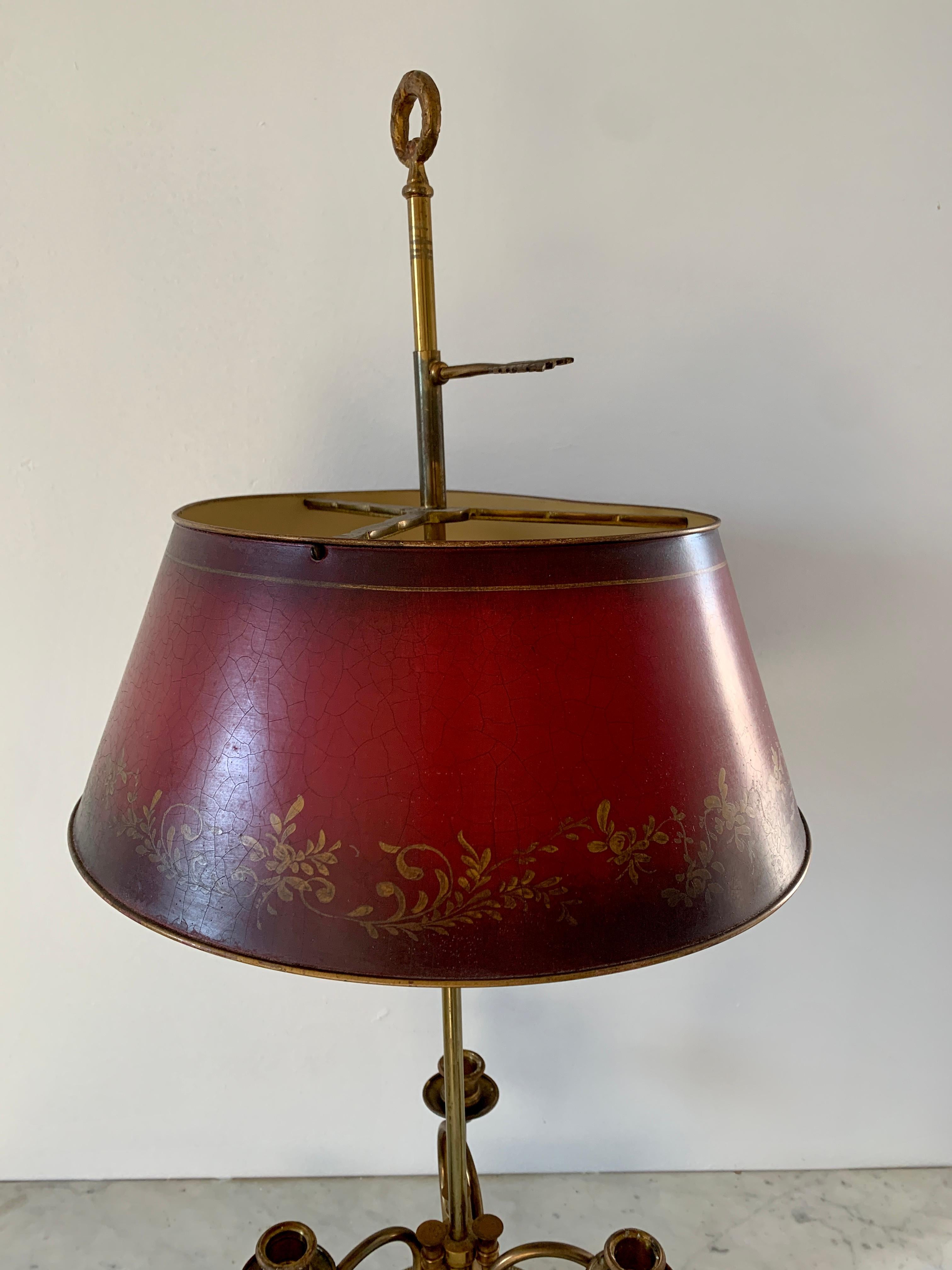 Mid-20th Century Brass Three-Arm Horn Bouillotte Lamp with Red Tole Shade For Sale 1