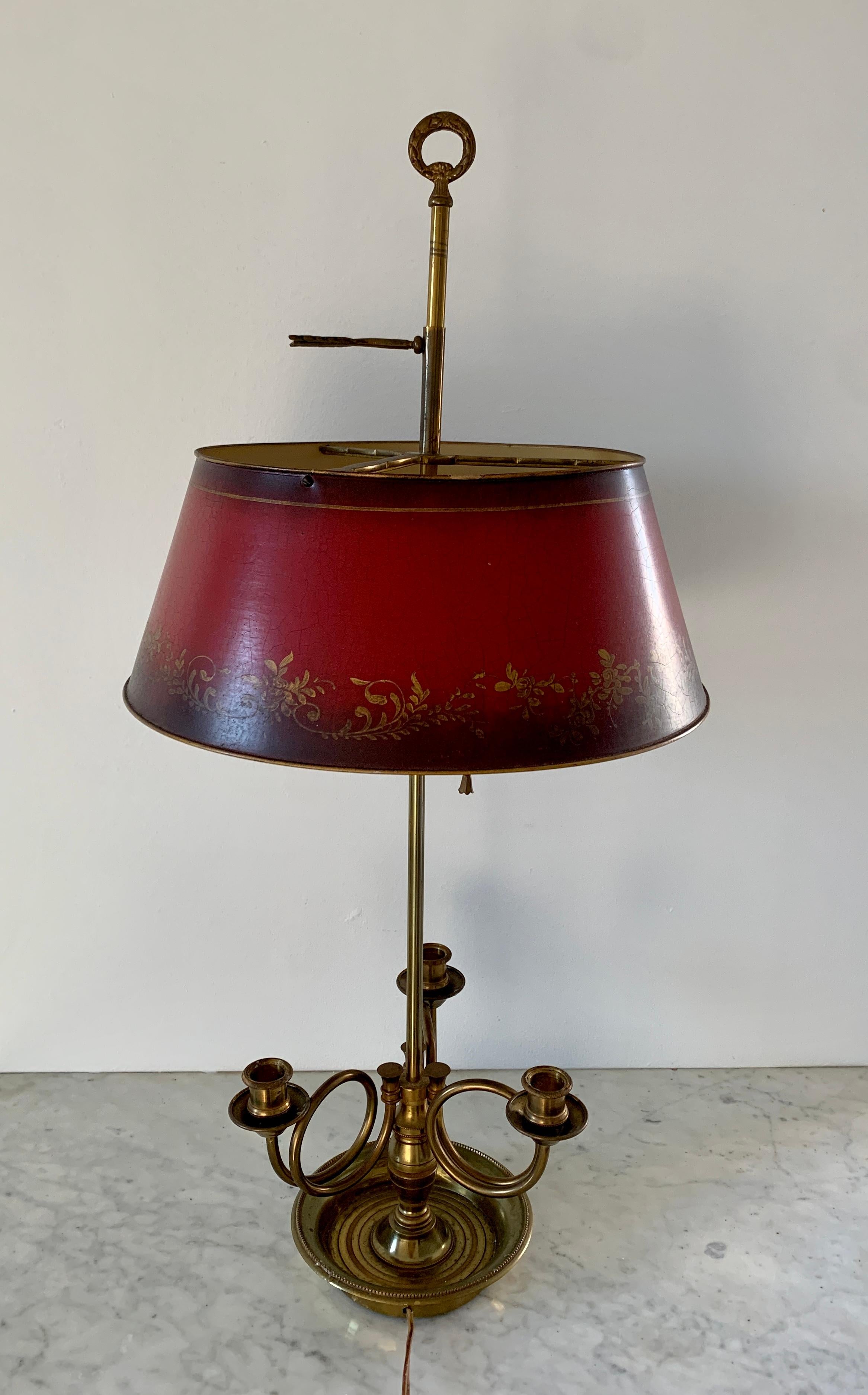 Mid-20th Century Brass Three-Arm Horn Bouillotte Lamp with Red Tole Shade For Sale 3