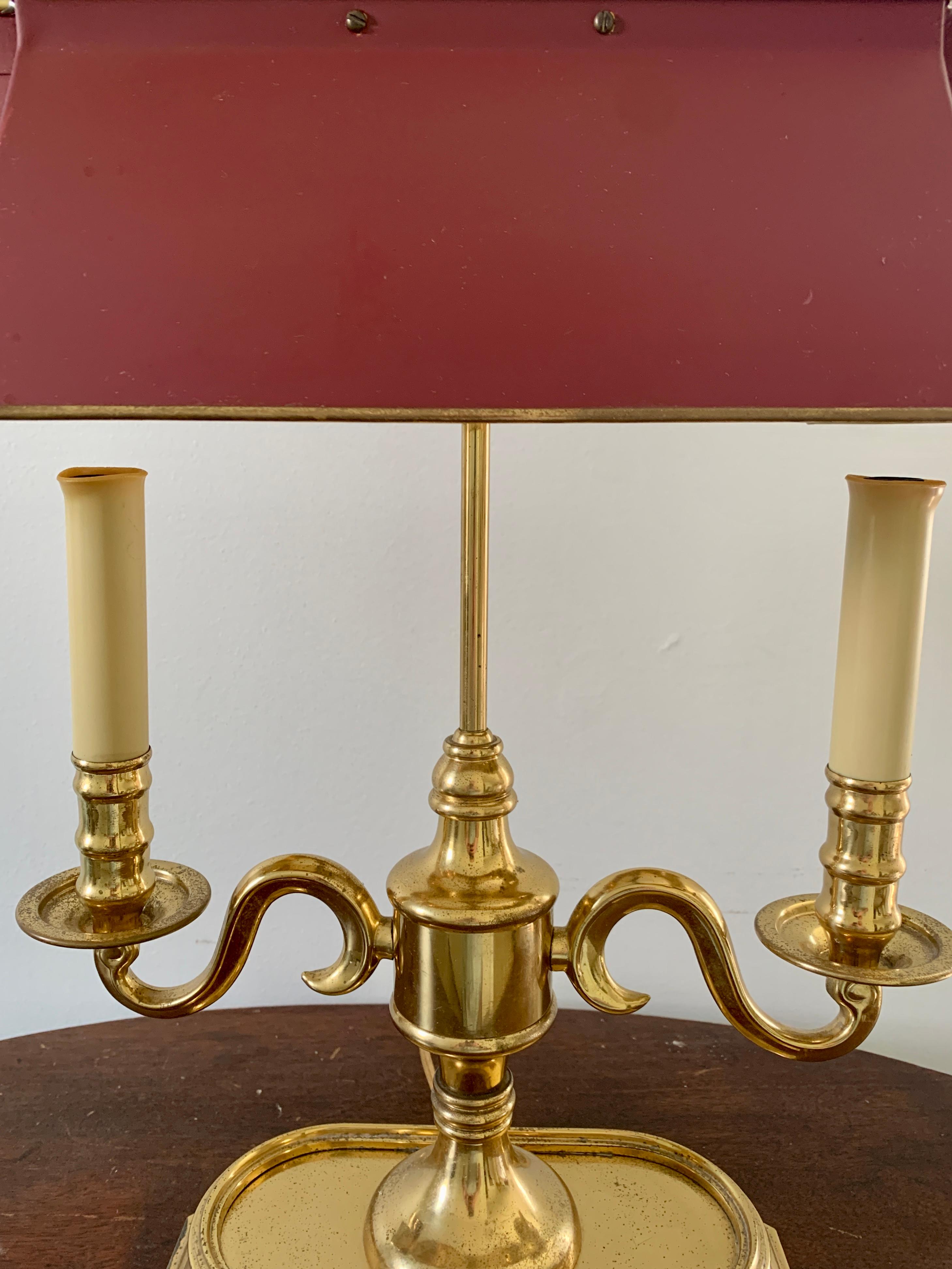 French Provincial Mid-20th Century Brass Two-Arm Bouillotte Lamp with Burgundy Tole Shade