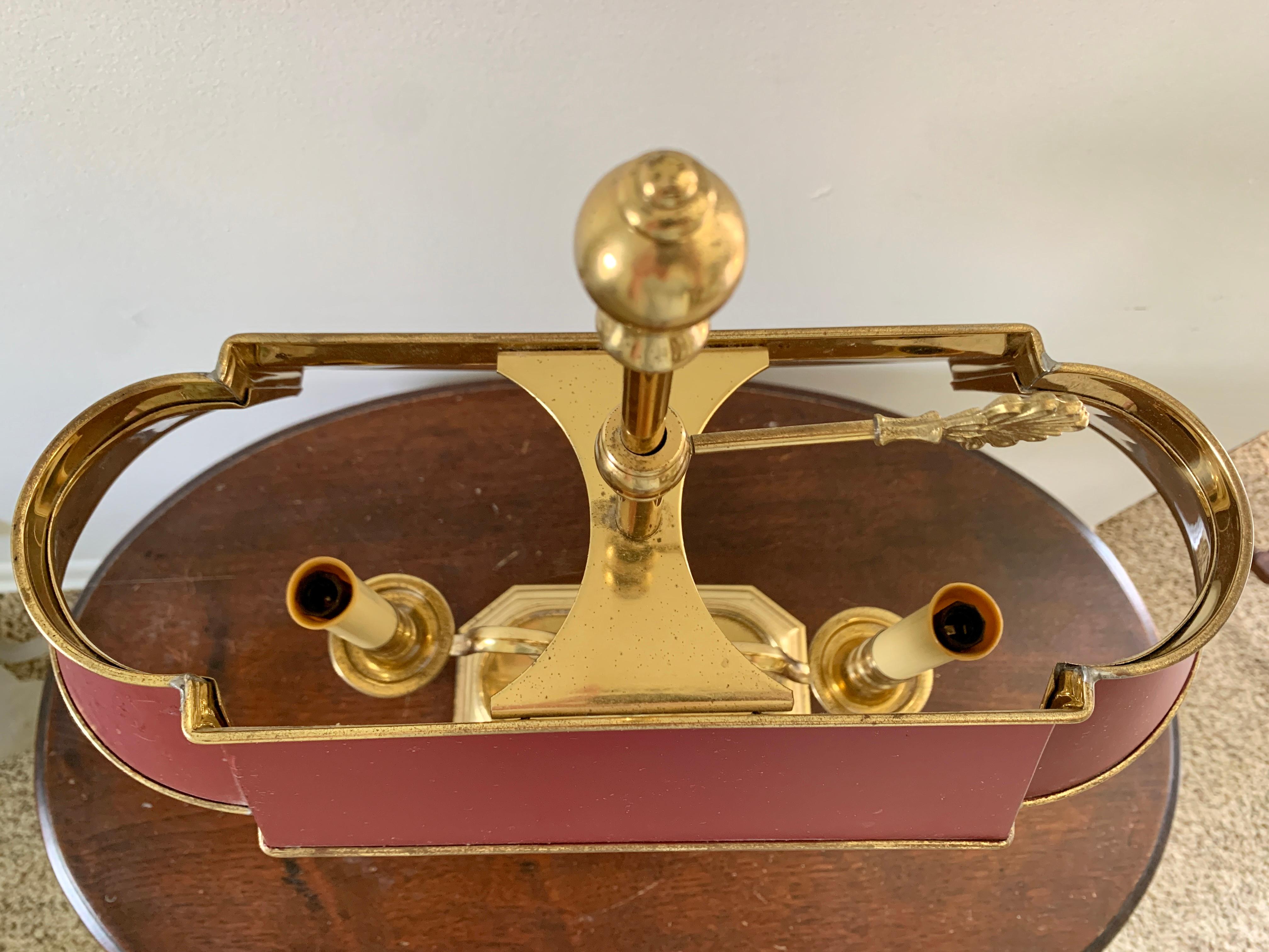 Mid-20th Century Brass Two-Arm Bouillotte Lamp with Burgundy Tole Shade In Good Condition In Elkhart, IN