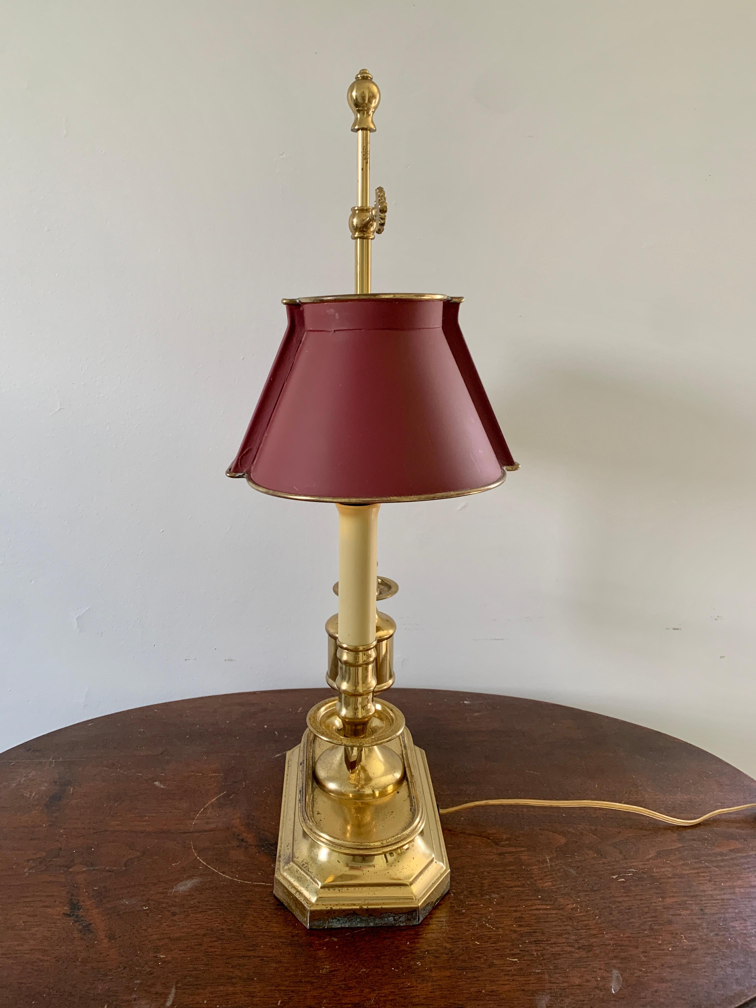 Metal Mid-20th Century Brass Two-Arm Bouillotte Lamp with Burgundy Tole Shade