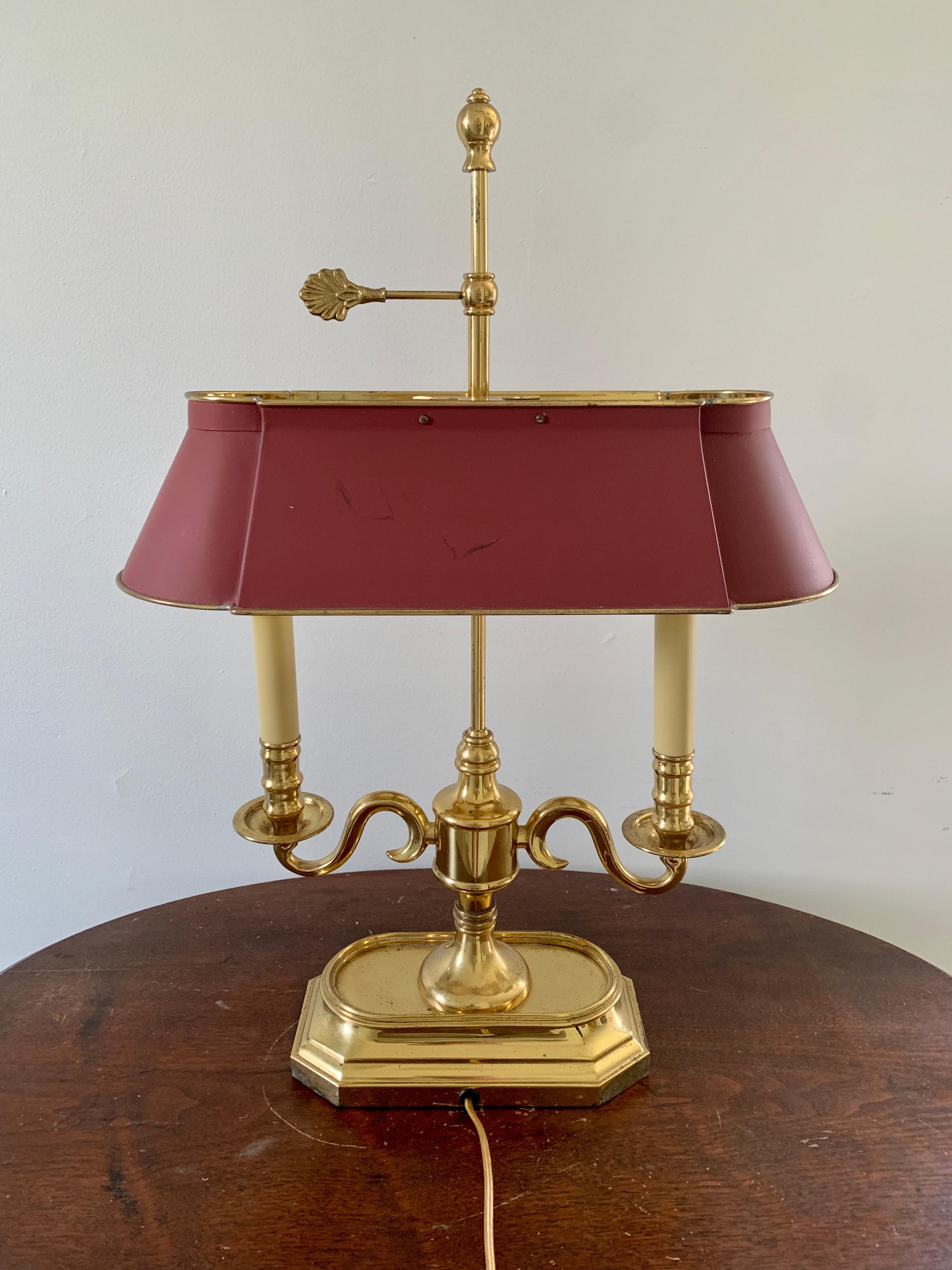 Mid-20th Century Brass Two-Arm Bouillotte Lamp with Burgundy Tole Shade 1