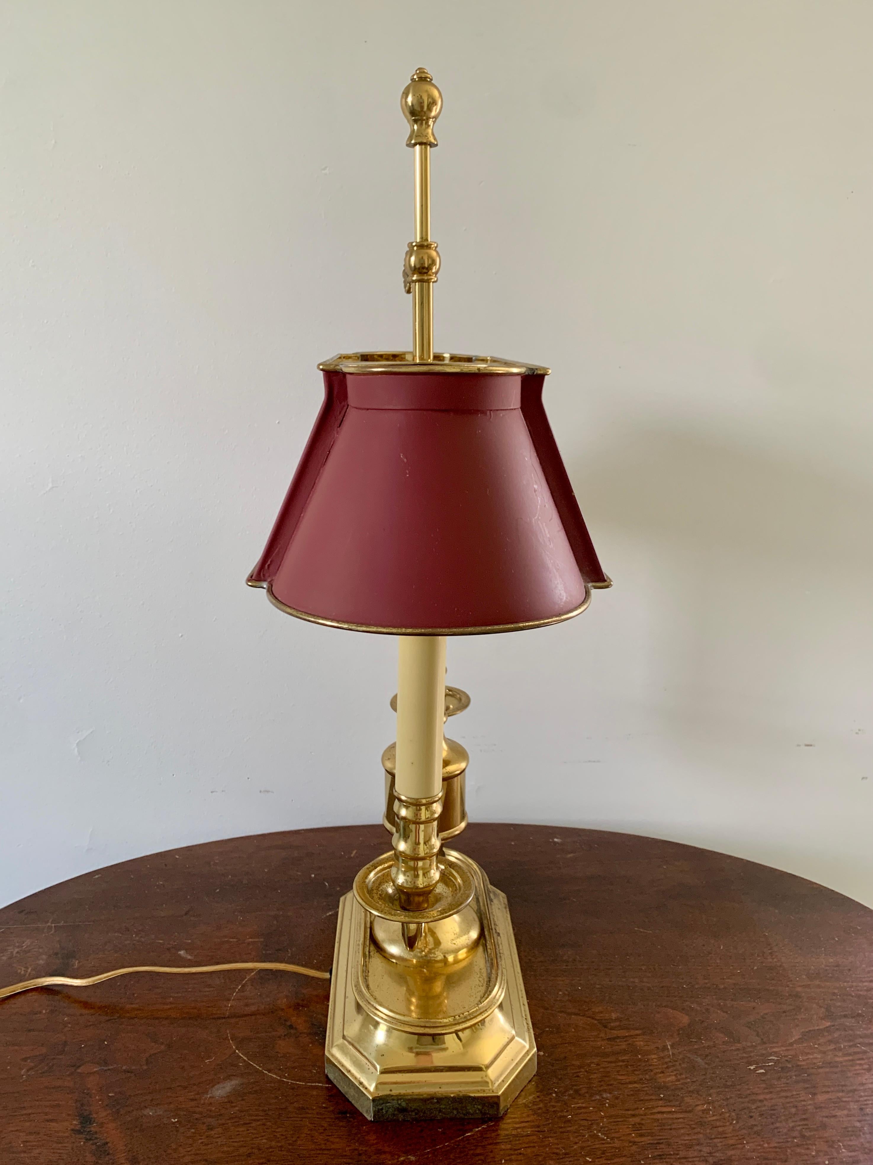 Mid-20th Century Brass Two-Arm Bouillotte Lamp with Burgundy Tole Shade 2
