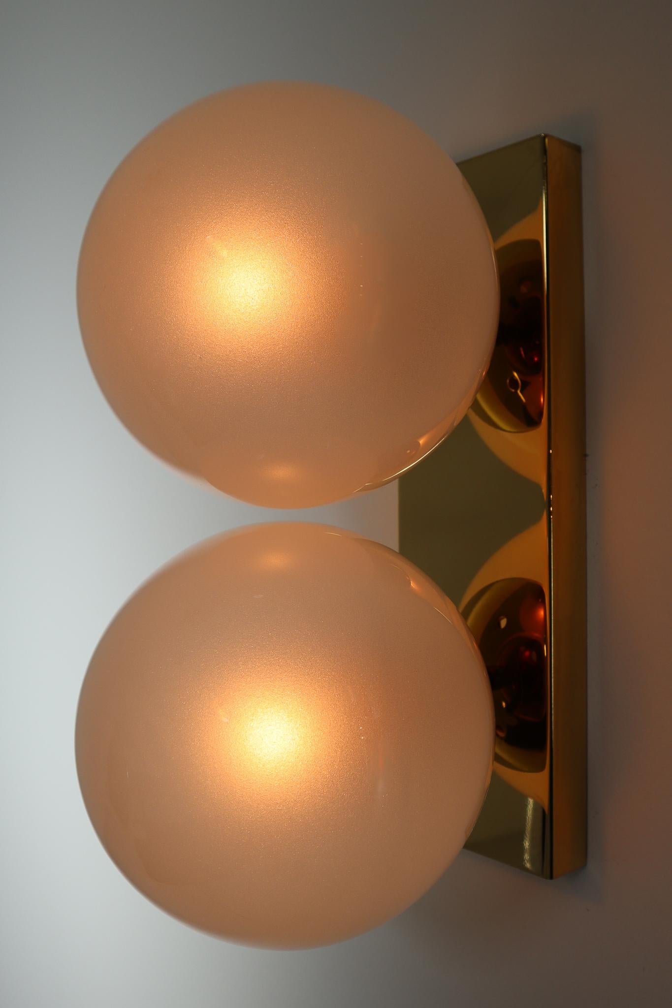 Mid-20th Century Brass Wall/Ceiling Lights White Frosted Glass Globes, 1960s For Sale 7