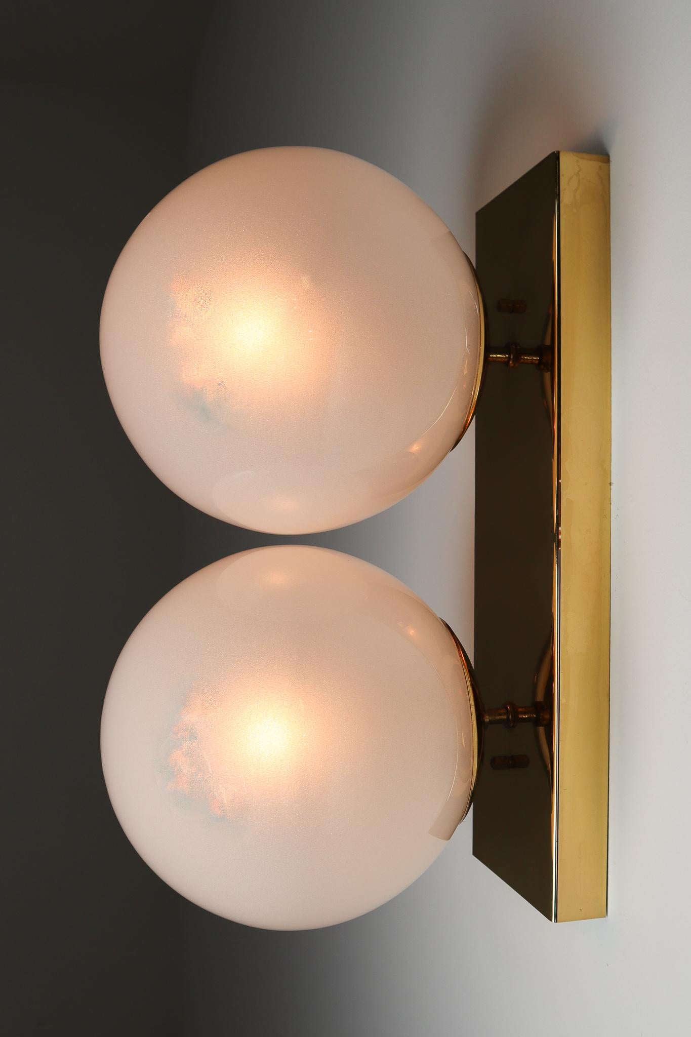 Mid-20th Century Brass Wall/Ceiling Lights White Frosted Glass Globes, 1960s For Sale 8
