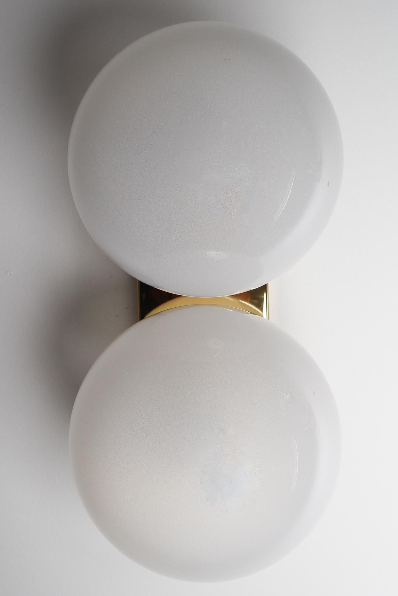 Mid-20th Century Brass Wall/Ceiling Lights White Frosted Glass Globes, 1960s For Sale 11