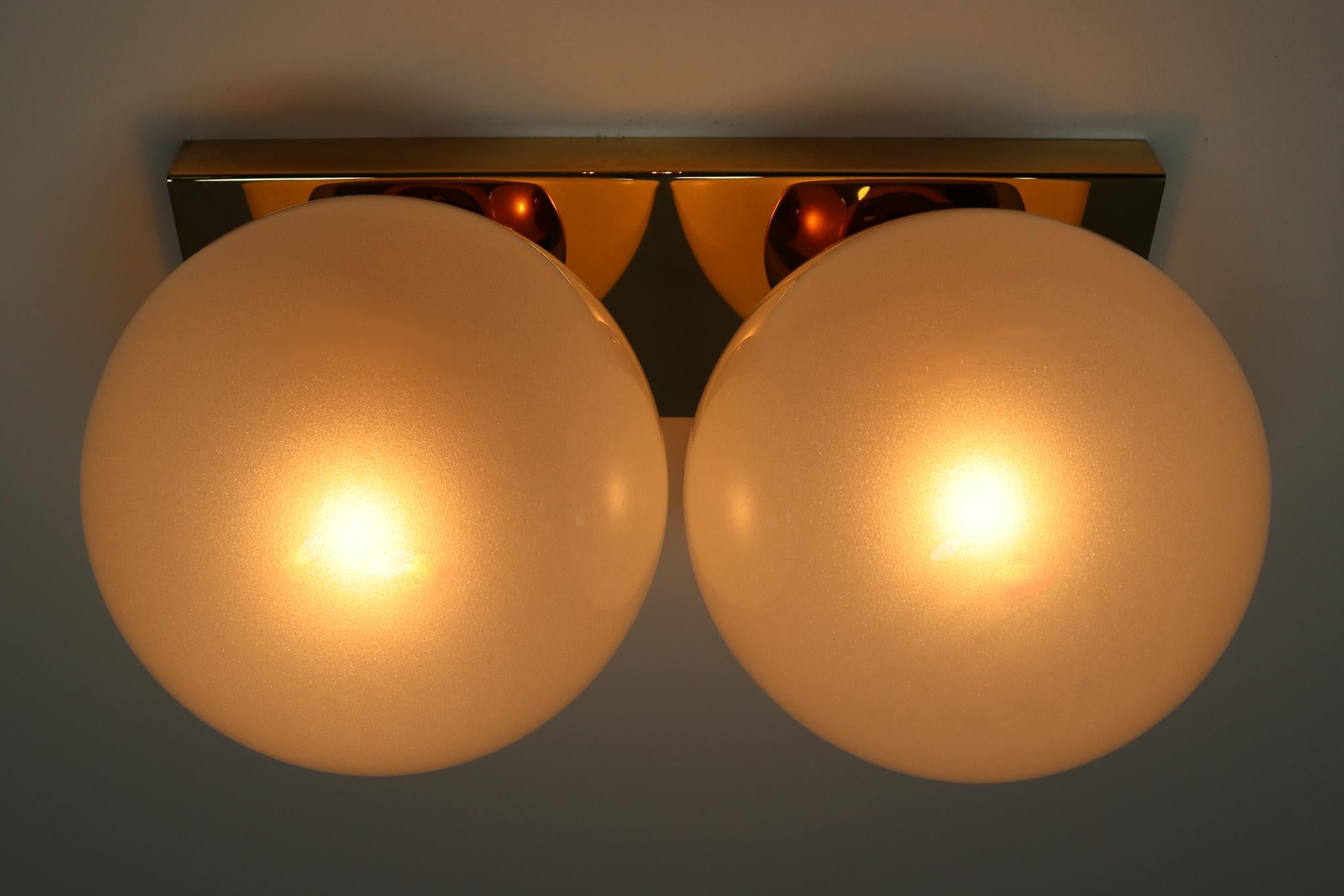 European Mid-20th Century Brass Wall/Ceiling Lights White Frosted Glass Globes, 1960s For Sale